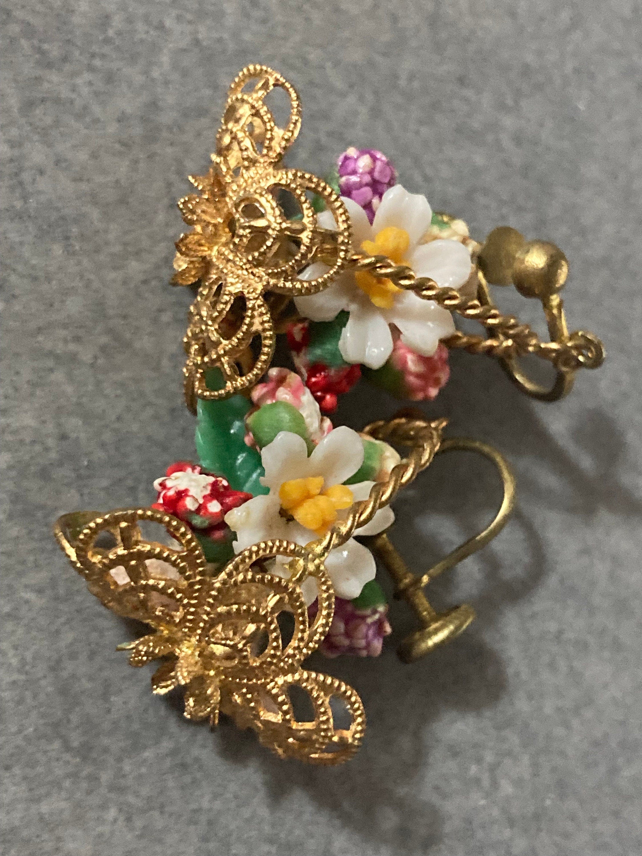 Antique vintage brass flower Basket clip on drop earrings 1930s Art Deco