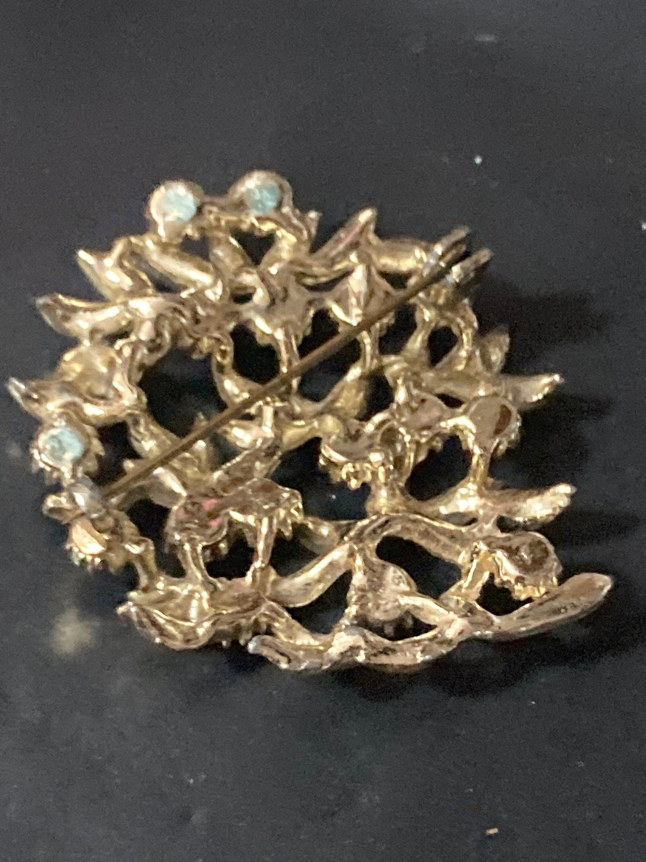 vintage mid century gold tone rhinestone diamanté brooch with orange brown cognac glass stones