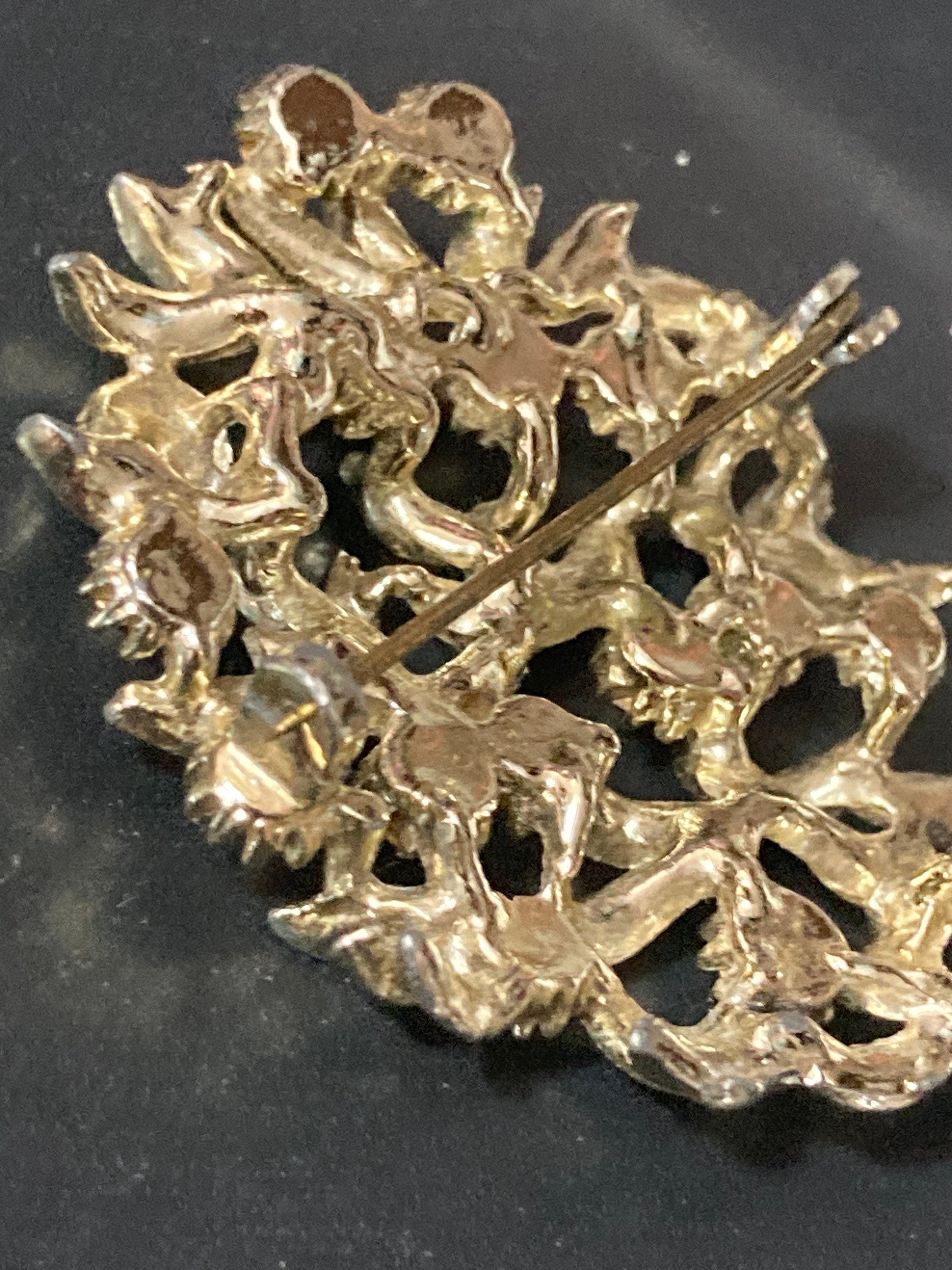 vintage mid century gold tone rhinestone diamanté brooch with orange brown cognac glass stones