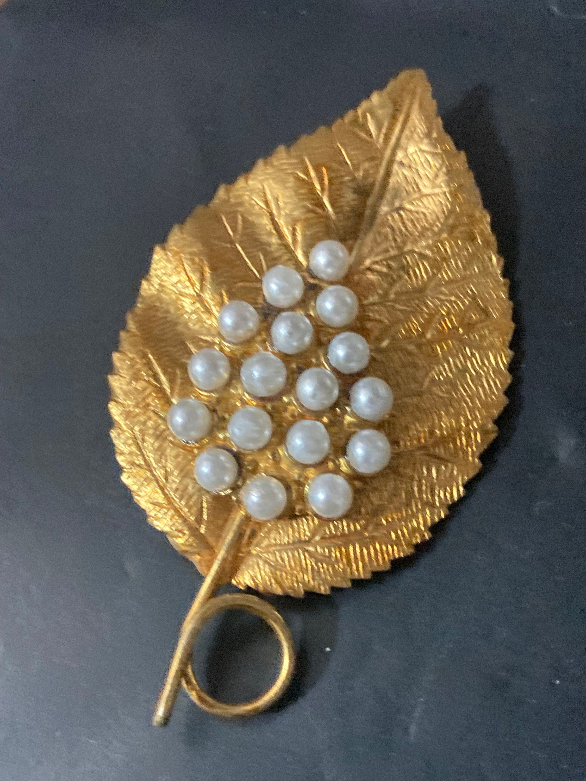Antique Art Deco Czech large brass metal leaf brooch with faux pearls c clasp