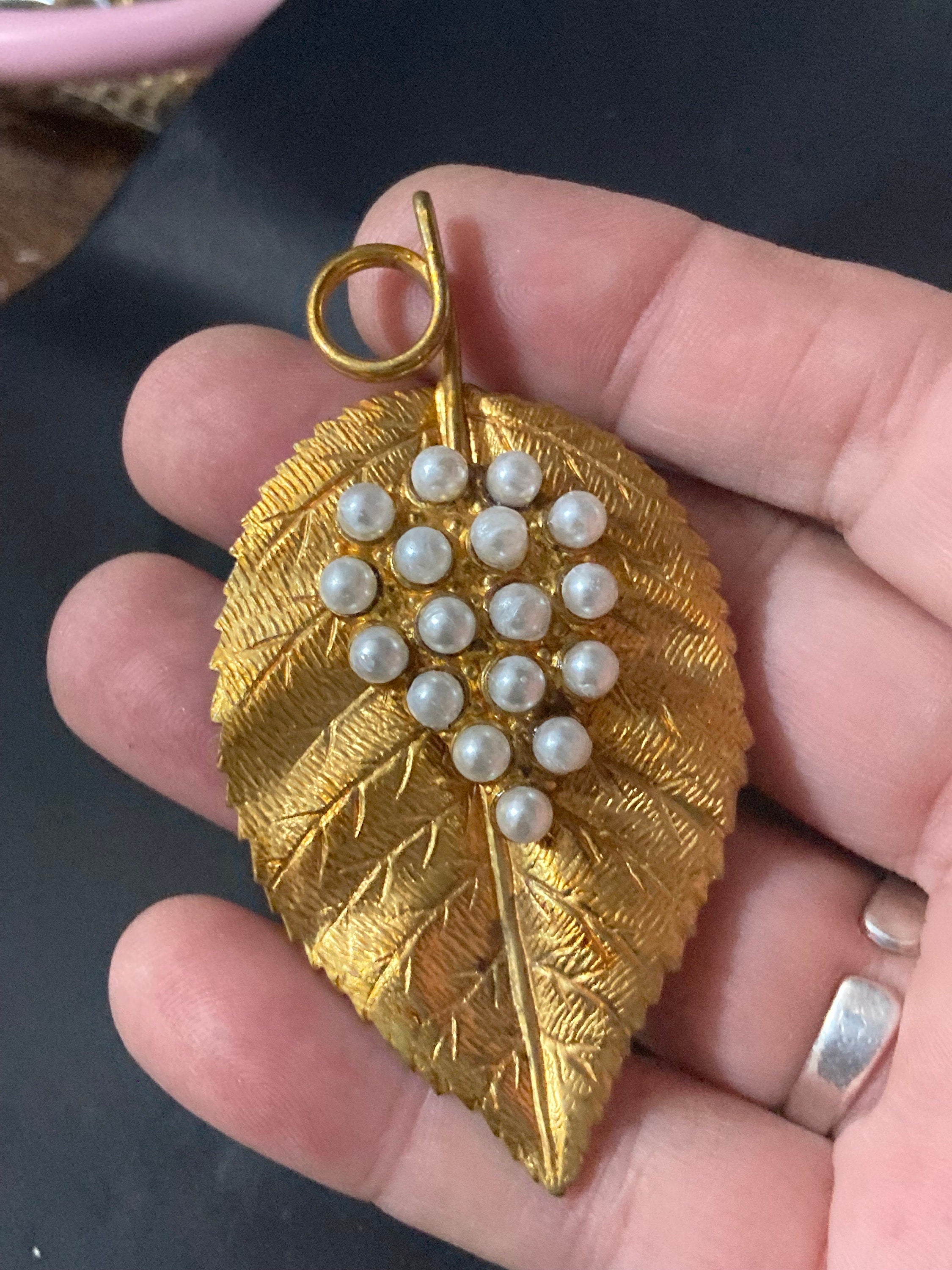 Antique Art Deco Czech large brass metal leaf brooch with faux pearls c clasp