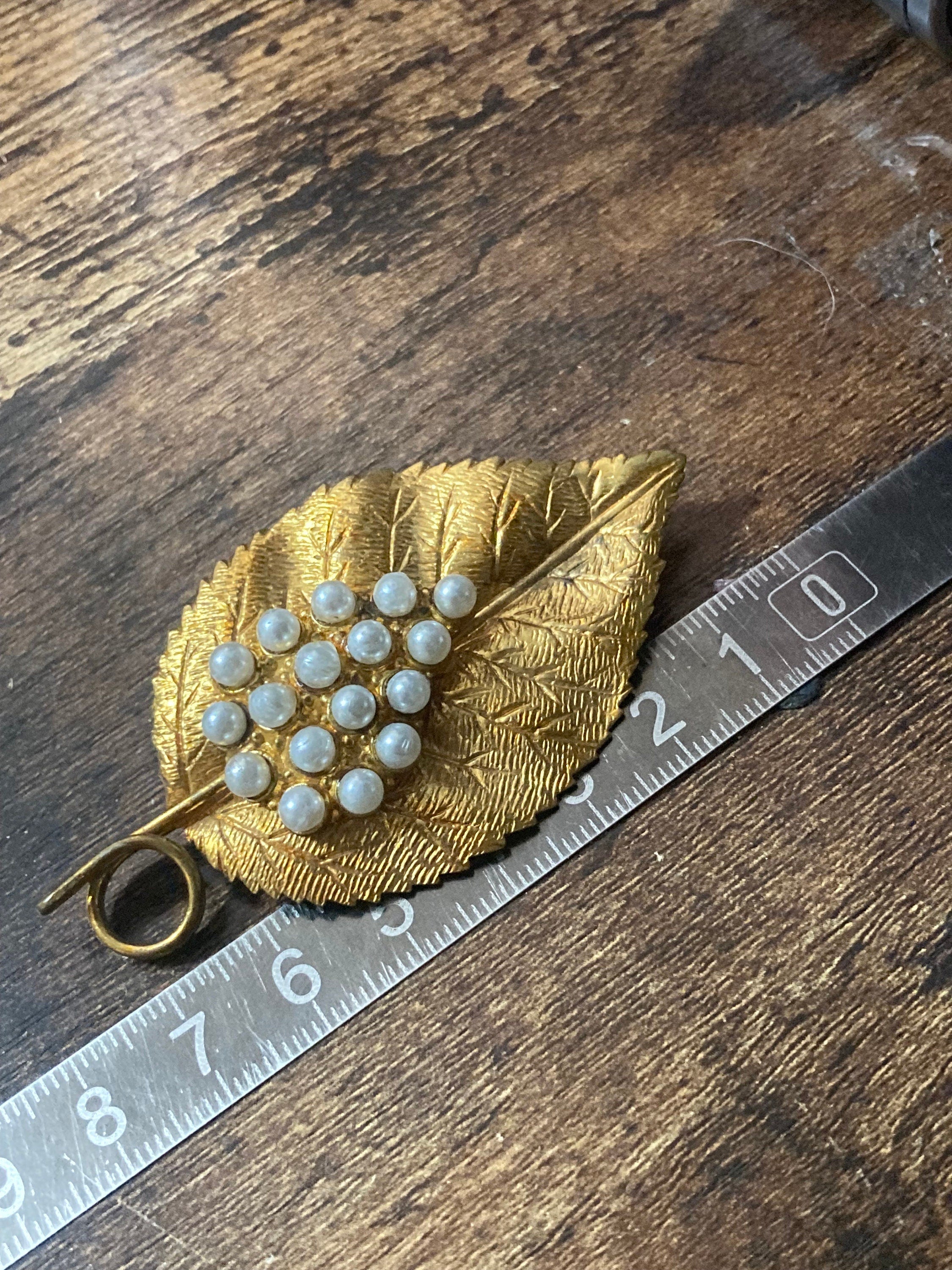 Antique Art Deco Czech large brass metal leaf brooch with faux pearls c clasp