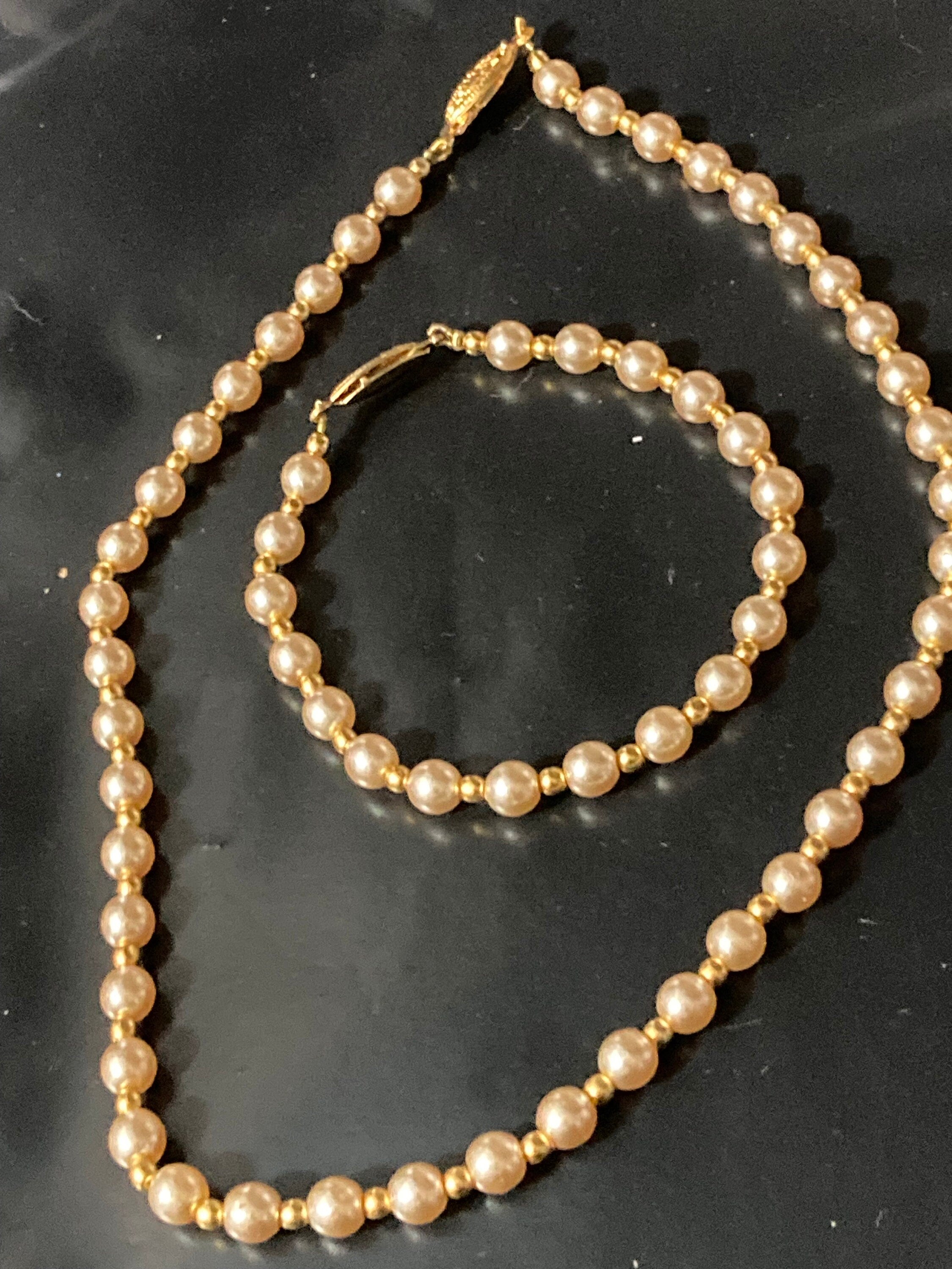 Retro 1980s faux glass cream pearl beaded necklace and matching bracelet jewellery set new old shop stock