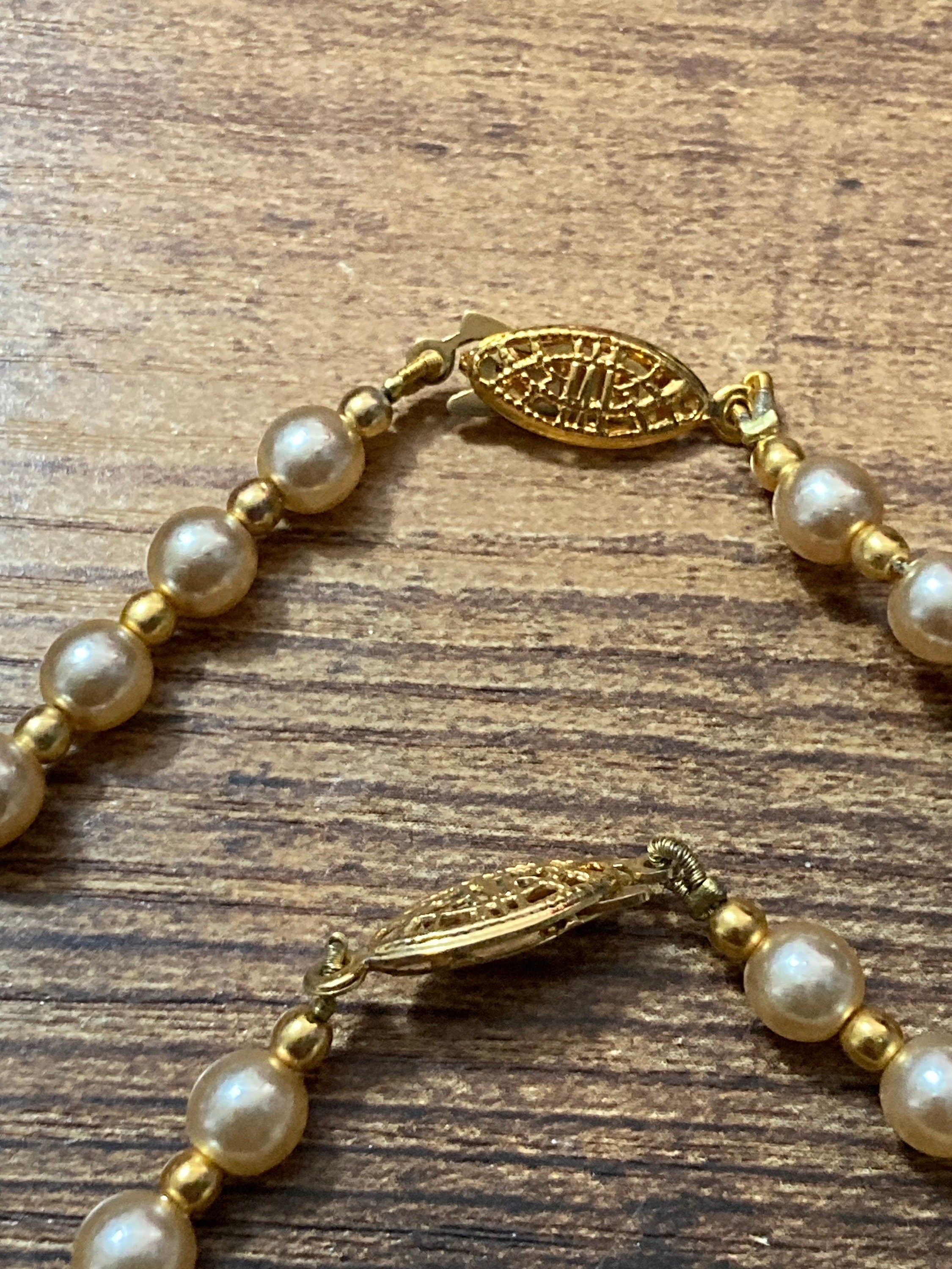 Retro 1980s faux glass cream pearl beaded necklace and matching bracelet jewellery set new old shop stock