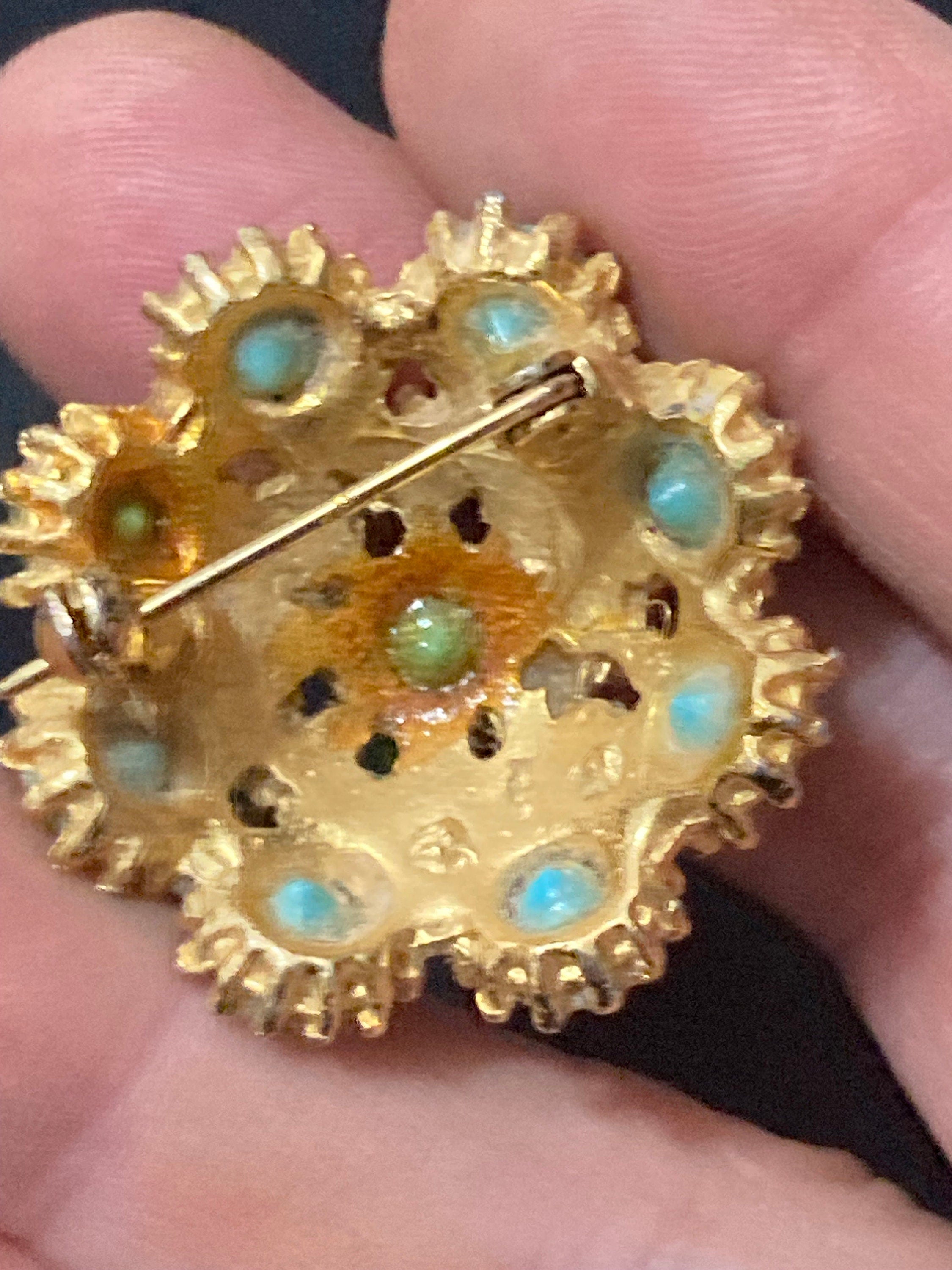 vintage gold tone domed turquoise bead & seed pearl round brooch