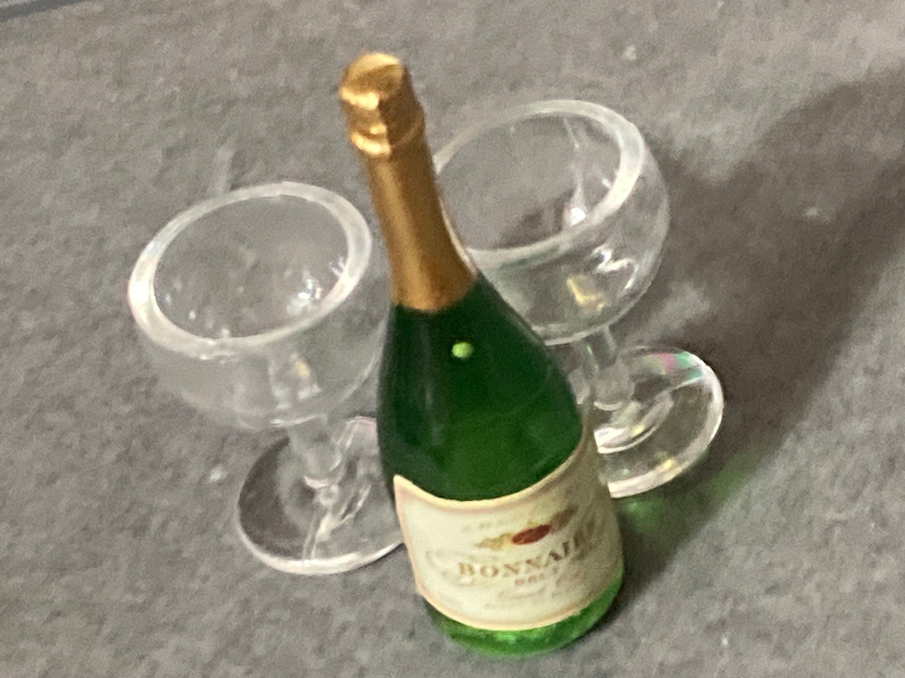 Miniature champagne bottle and two glasses coupes cake topper dollhouses naughty elf prop