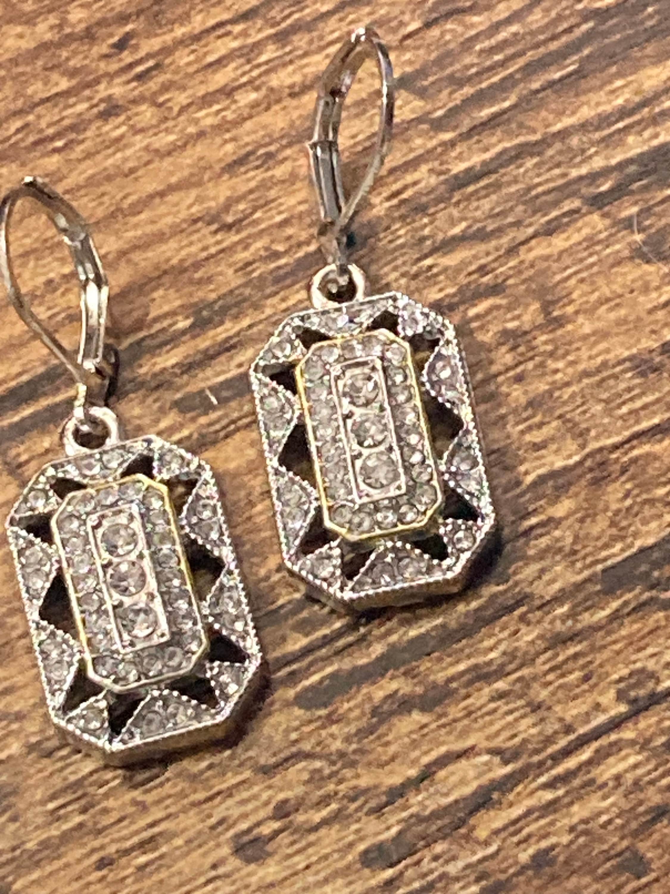 Art Deco Crystal Diamanté Drop Earrings: Geometric Silver & Gold Tone