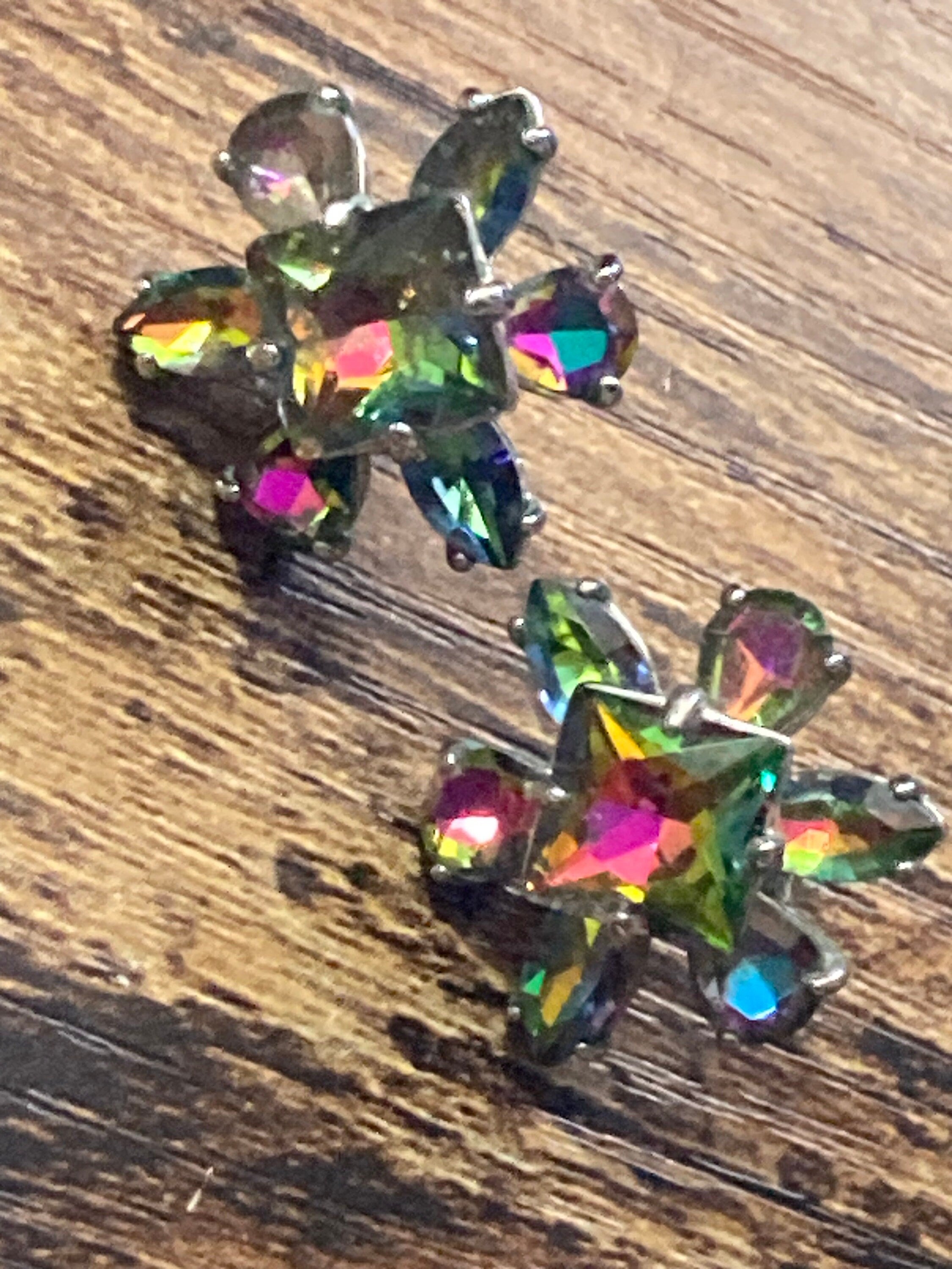 Retro silver tone watermelon diamanté paste flower cluster stud earrings for pierced ears