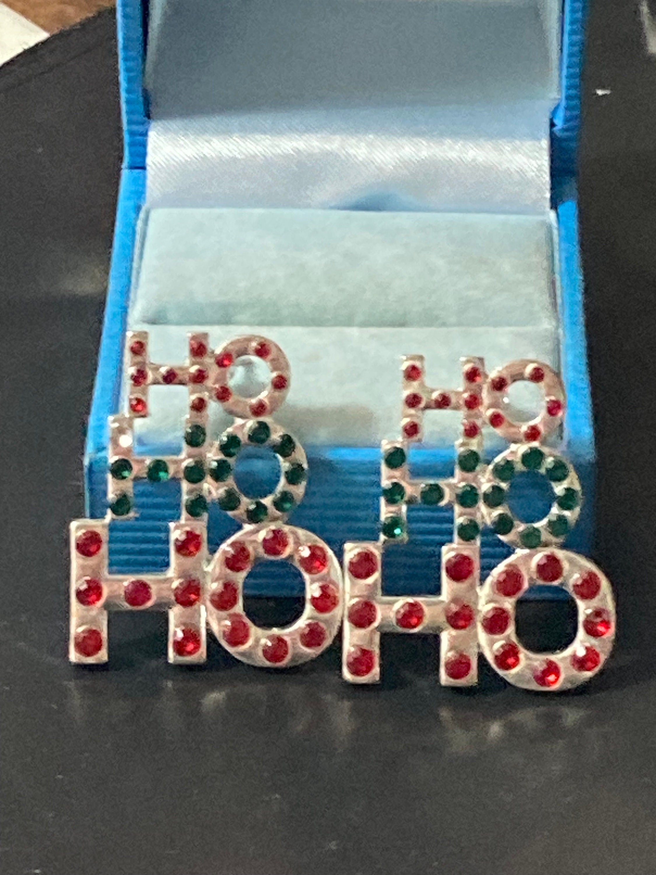 Retro silver tone tea and green  diamanté novelty HO HO HO chriatmas stud earrings for pierced ears