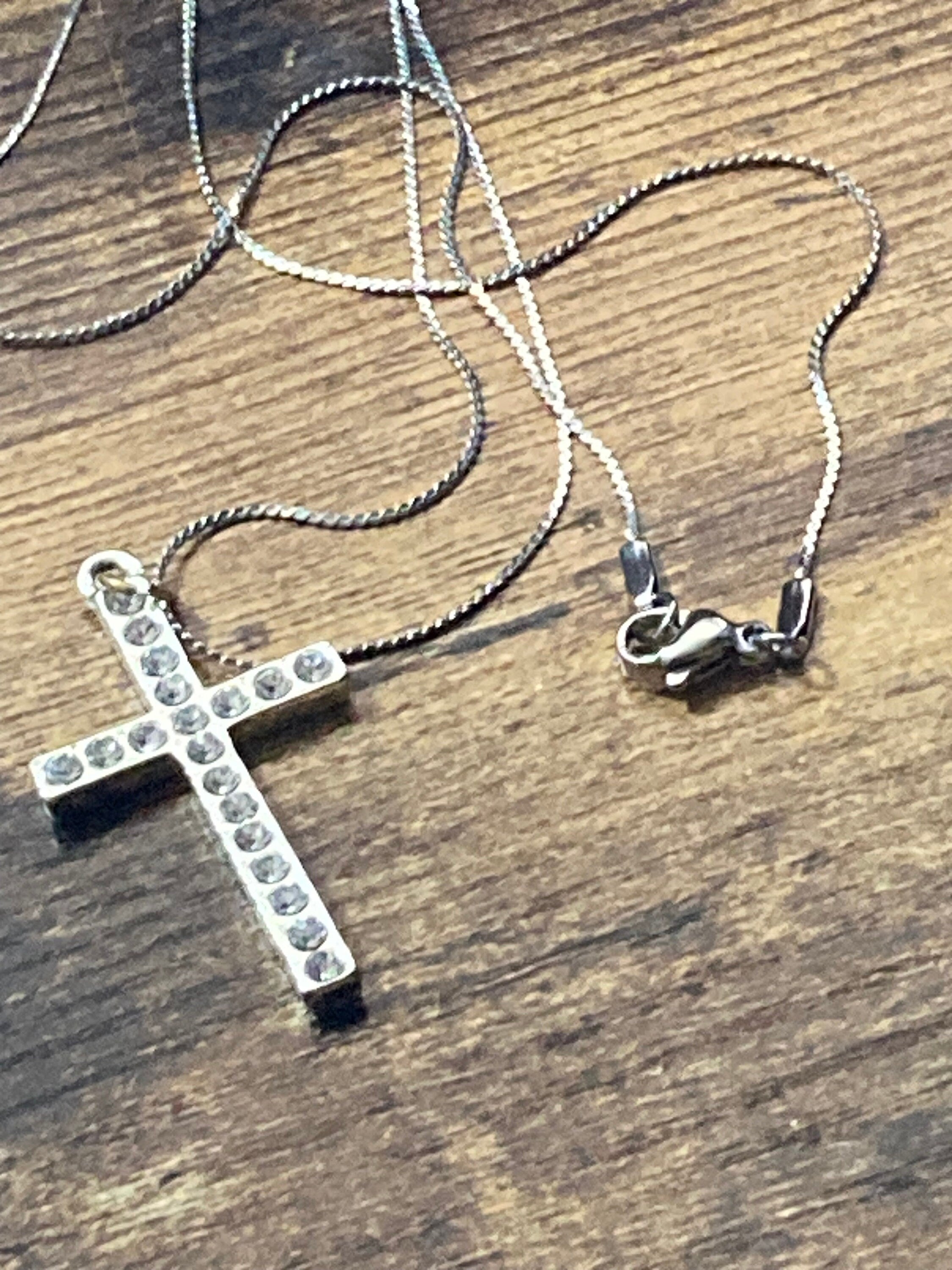 Retro Silver Tone diamanté cross pendant Necklace on 48cm stainless steel chain