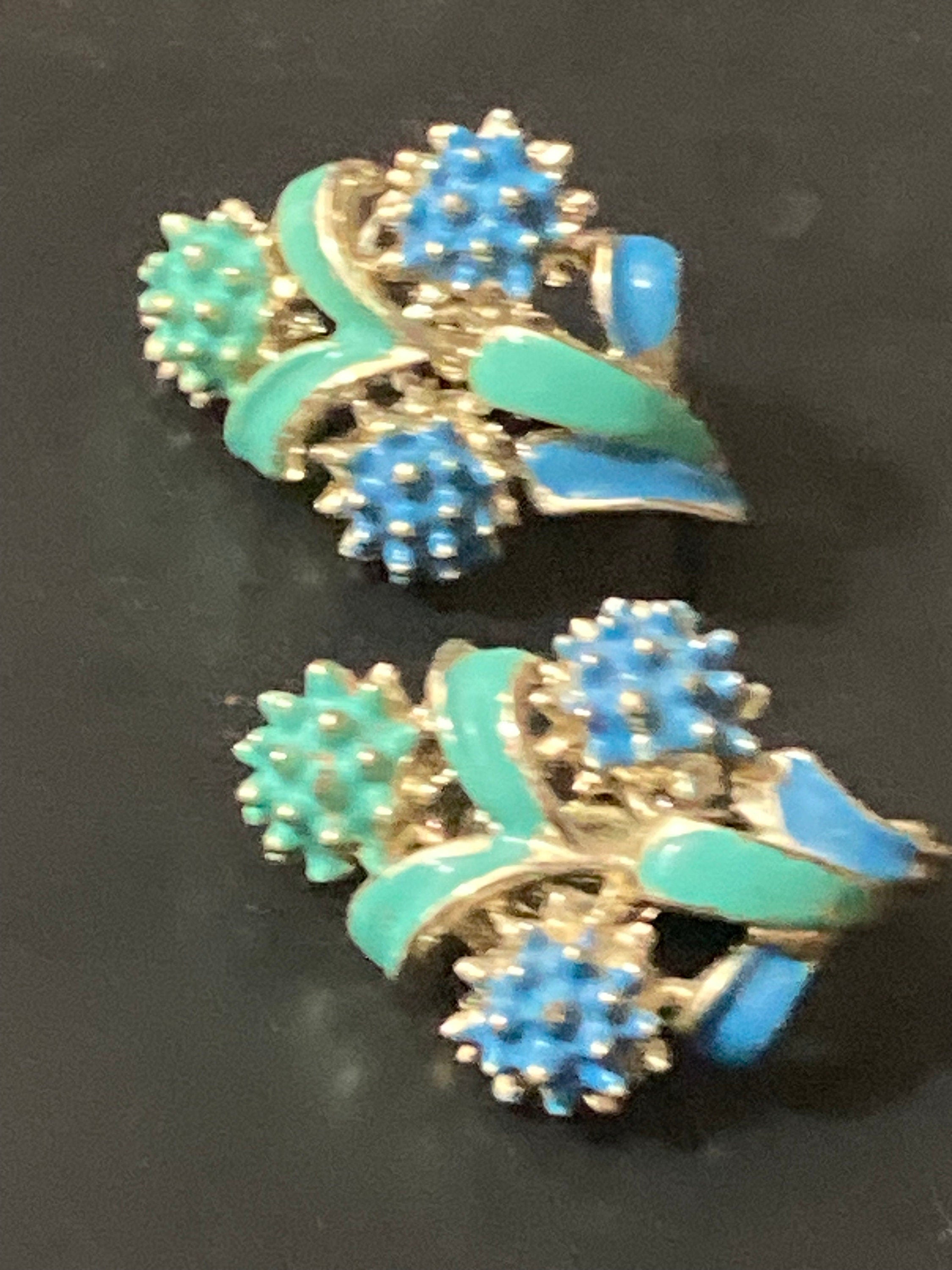 vintage Blue green enamel floral Clip on earrings