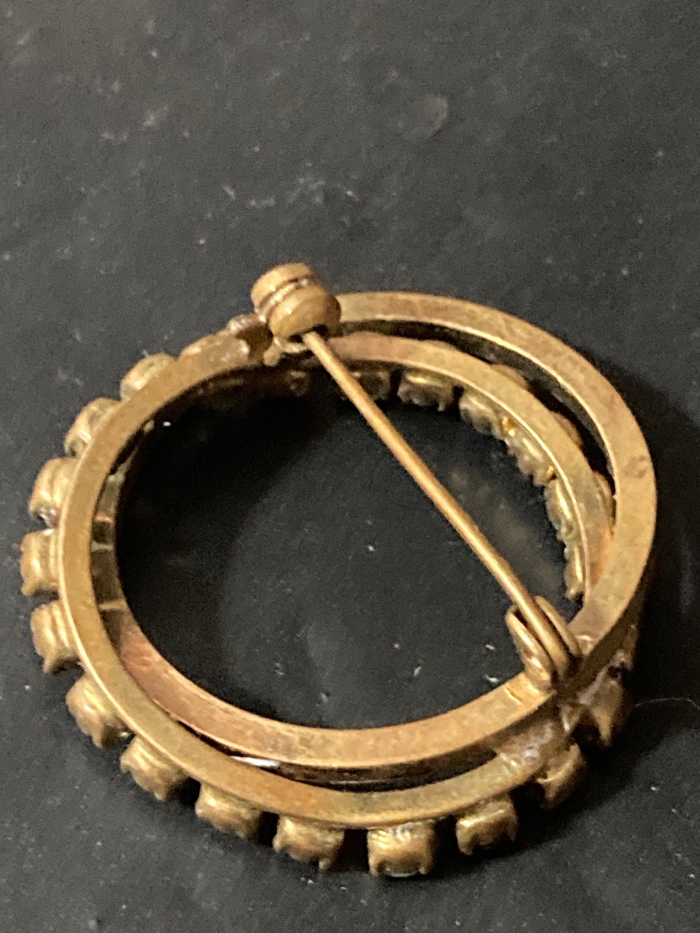 vintage gold tone black and turquoise diamanté abstract  round brooch 1970s