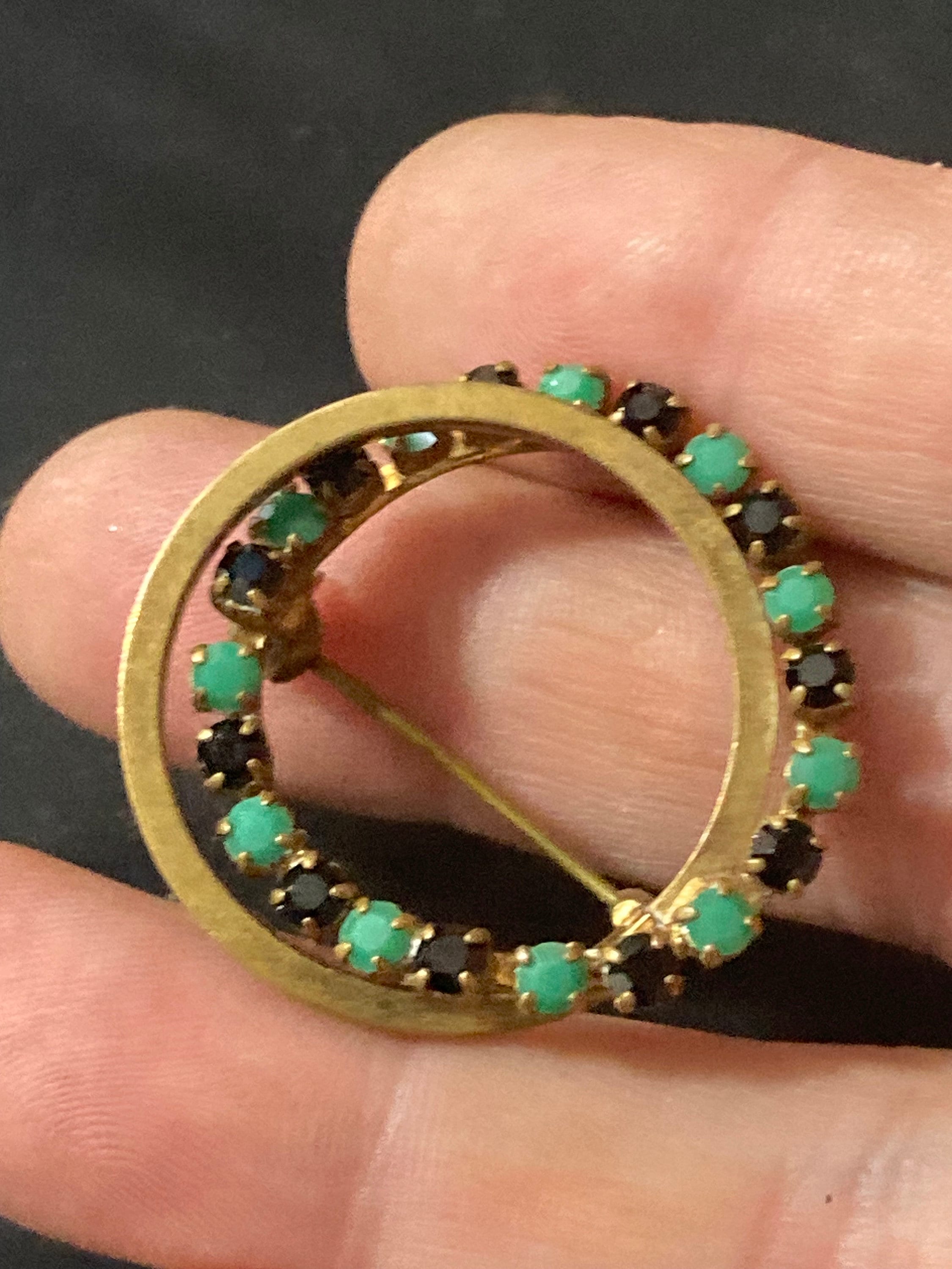 vintage gold tone black and turquoise diamanté abstract  round brooch 1970s