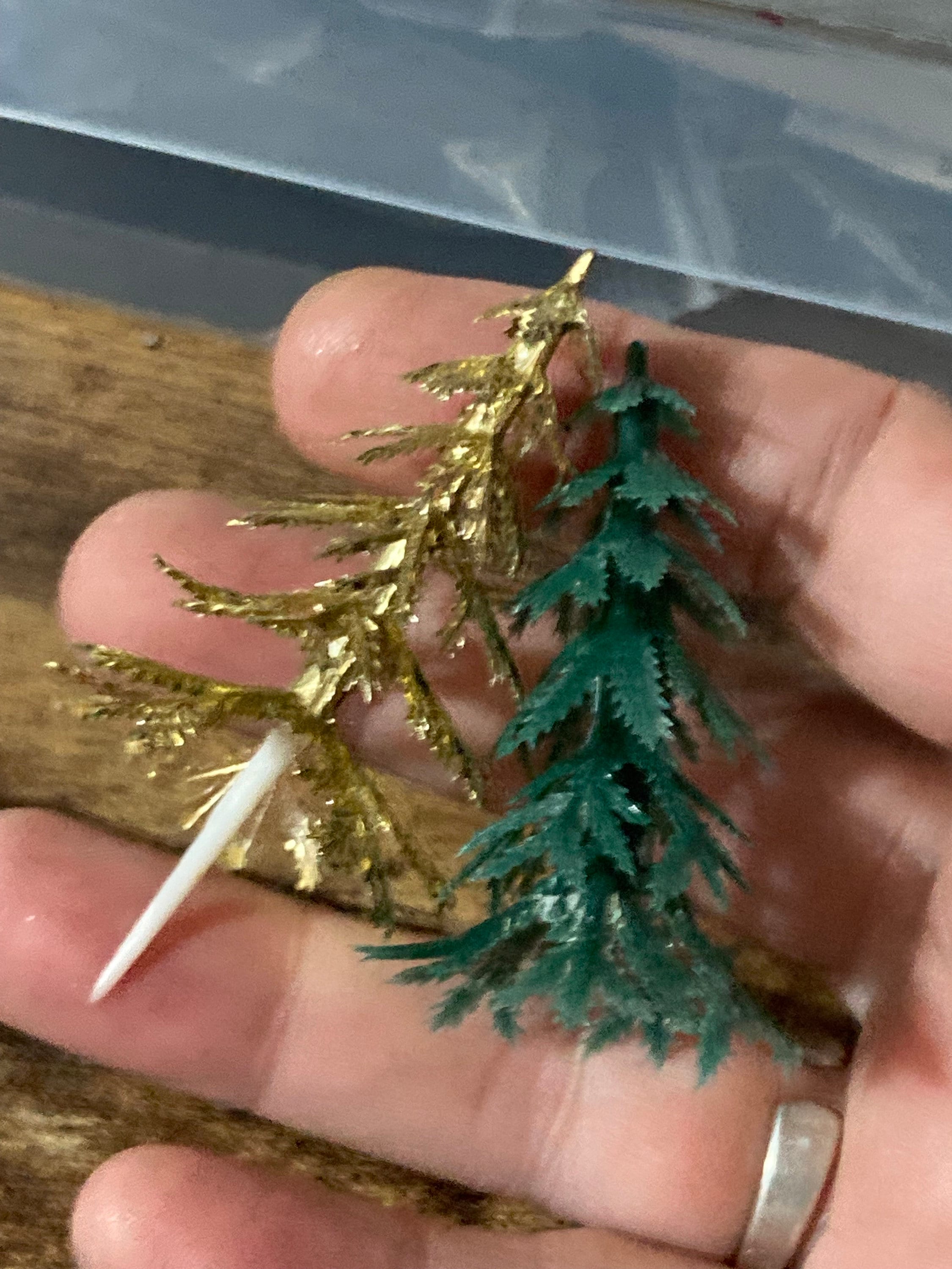 2 x Vintage plastic green and gold mix 1960s miniature Fir tree Christmas tree cake topper