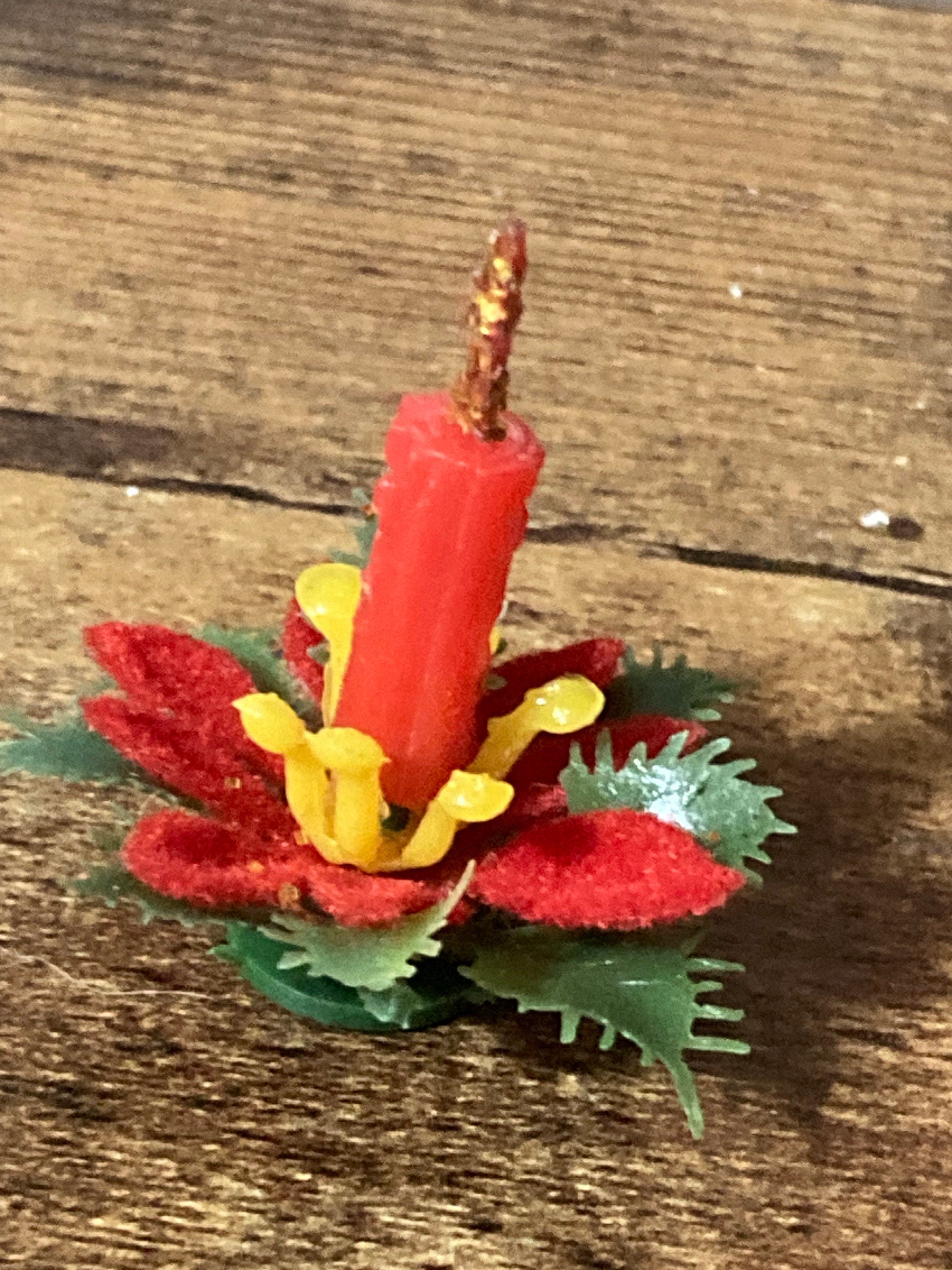 1 x Vintage 1960s miniature poinsettia flower with candle xmas cake topped Christmas cake decoration