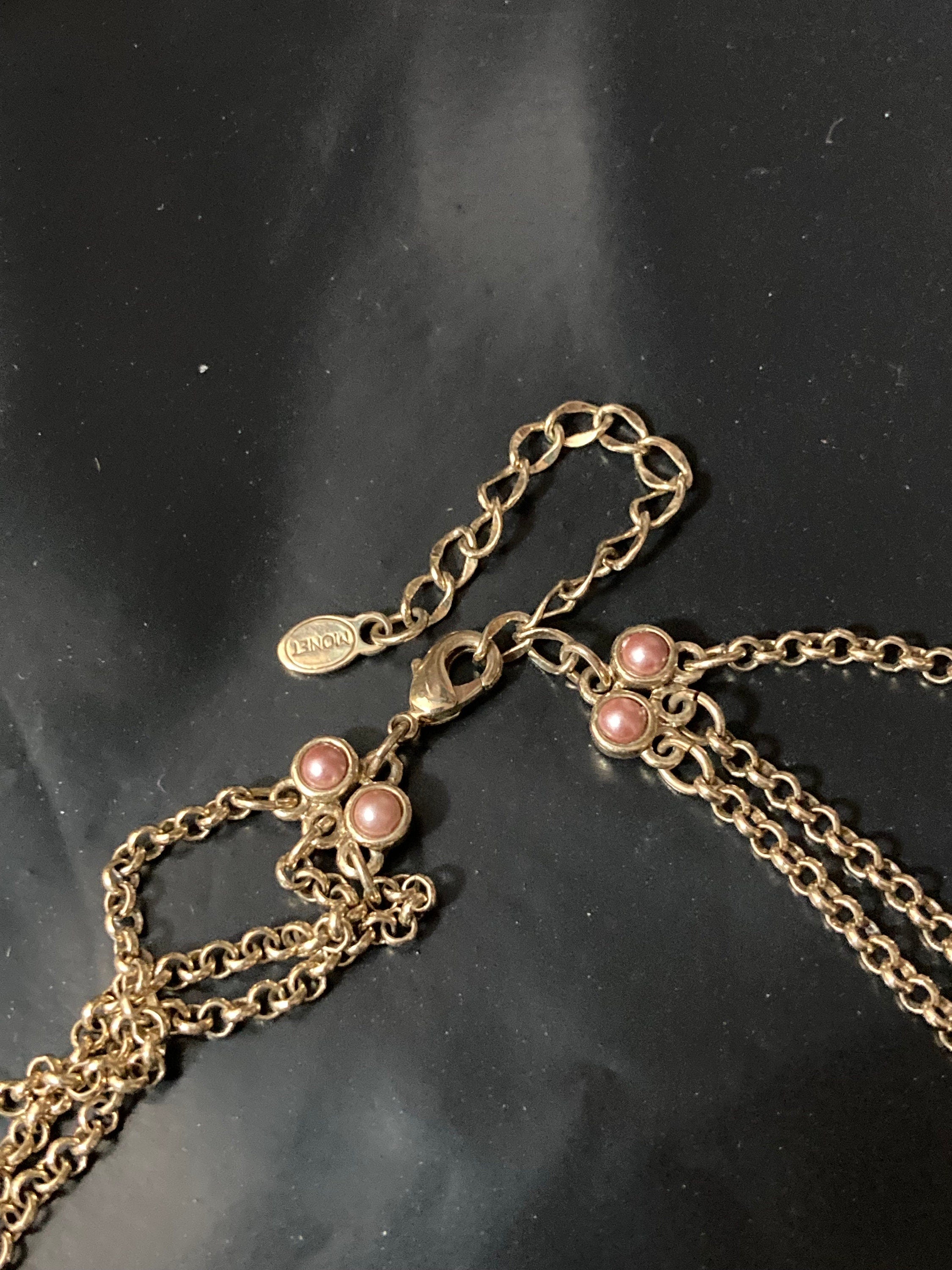 signed MONET red brown pink autumnal beaded bib drop necklace