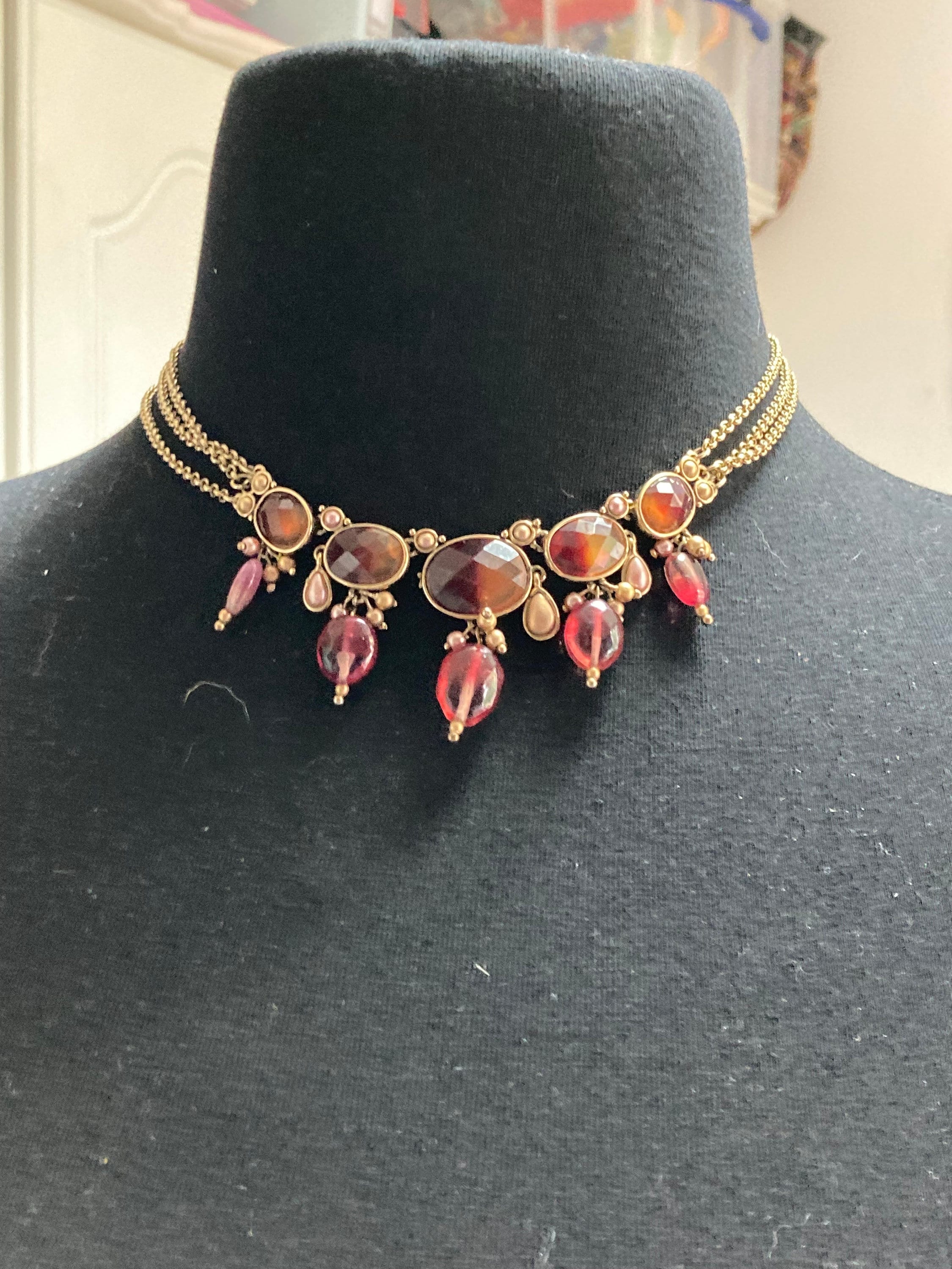 signed MONET red brown pink autumnal beaded bib drop necklace