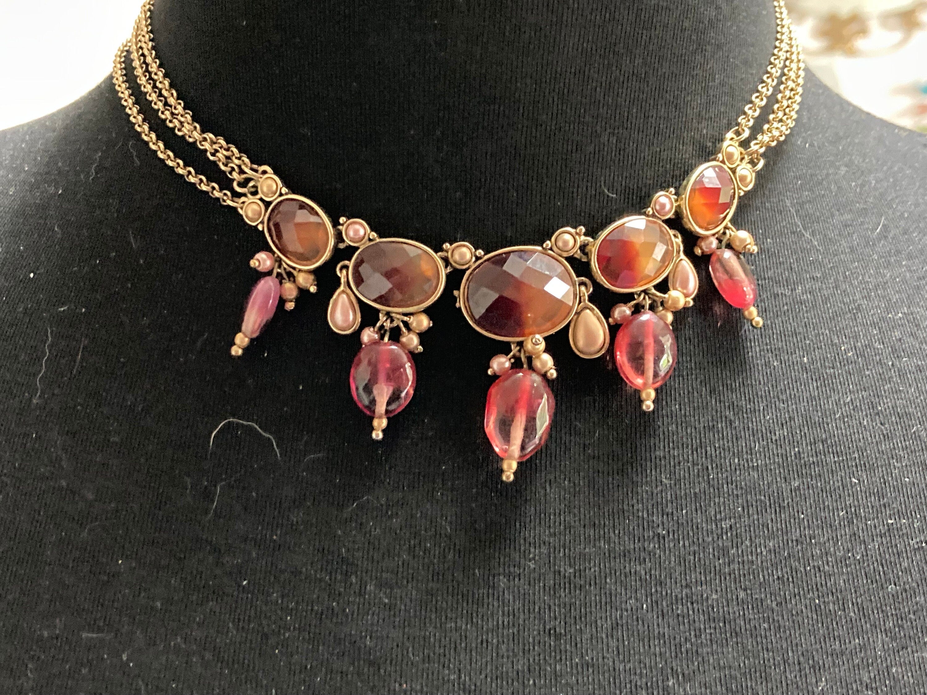signed MONET red brown pink autumnal beaded bib drop necklace