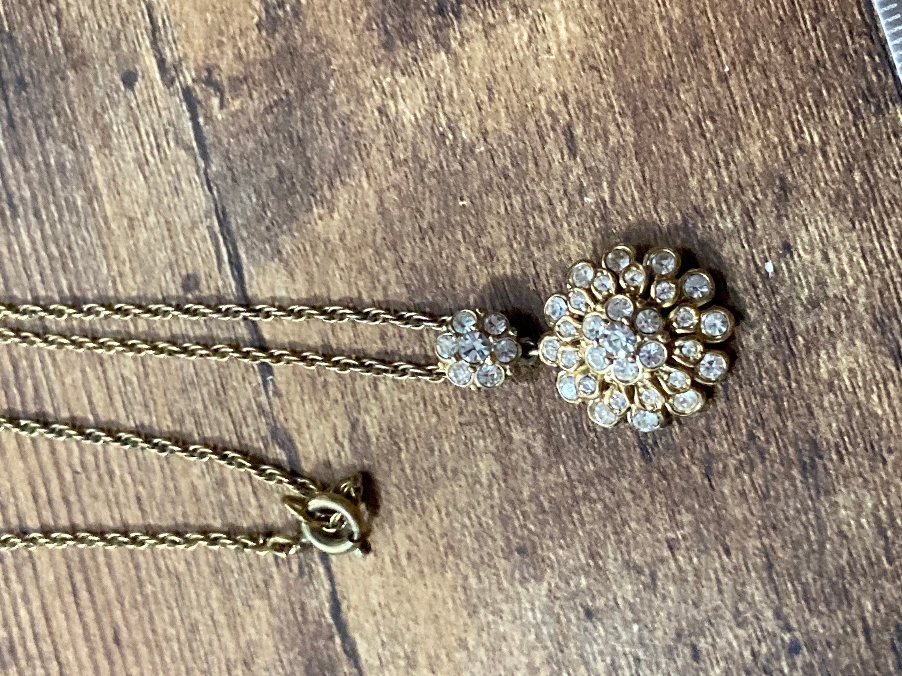 Signed vintage A&S Attwood and Sawyer diamanté rhinestone clear crystal drop necklace gold tone