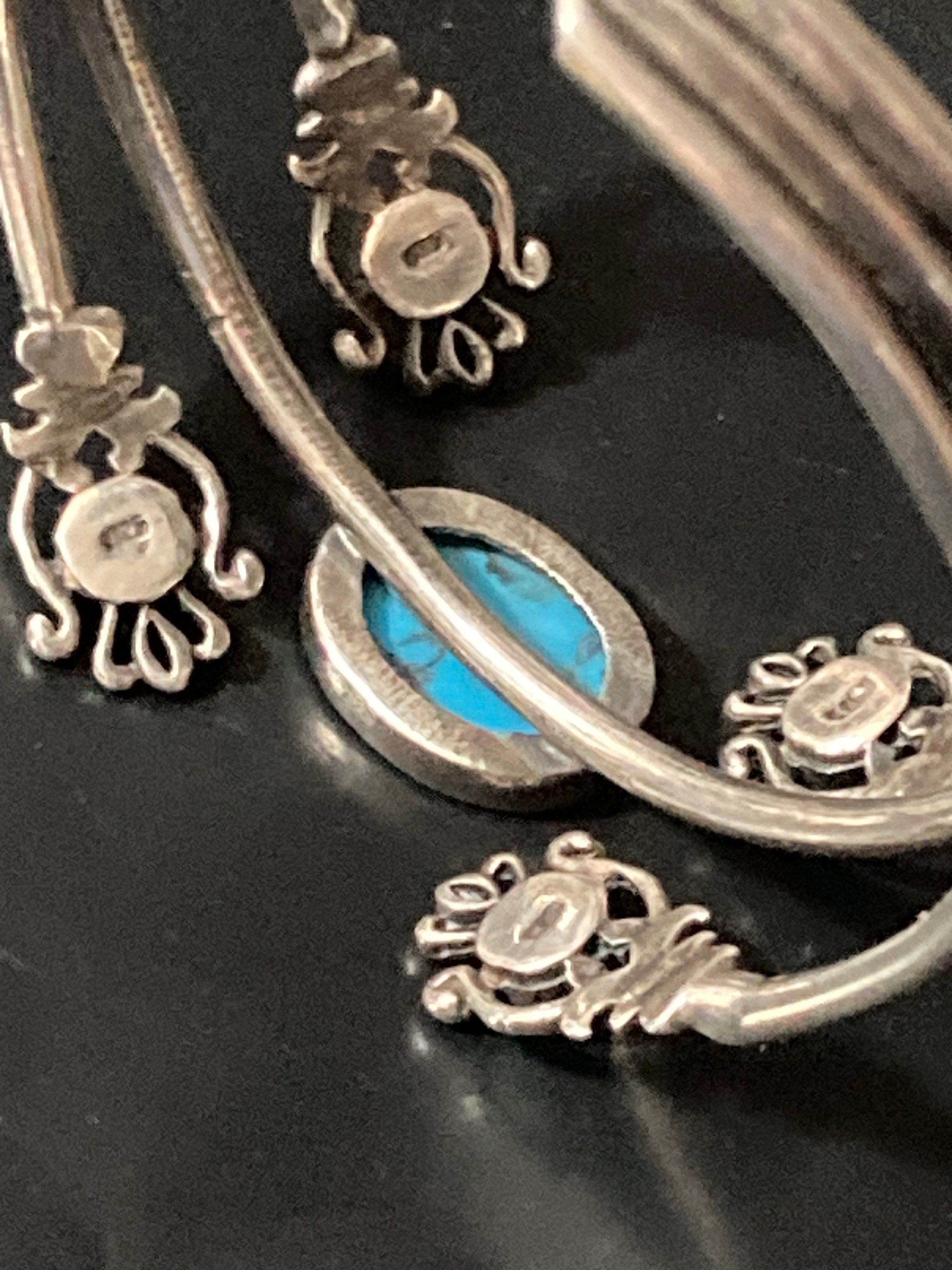 Vintage south western 925 Sterling silver gem set with turquoise gemstones wide 3 row bangle bracelet