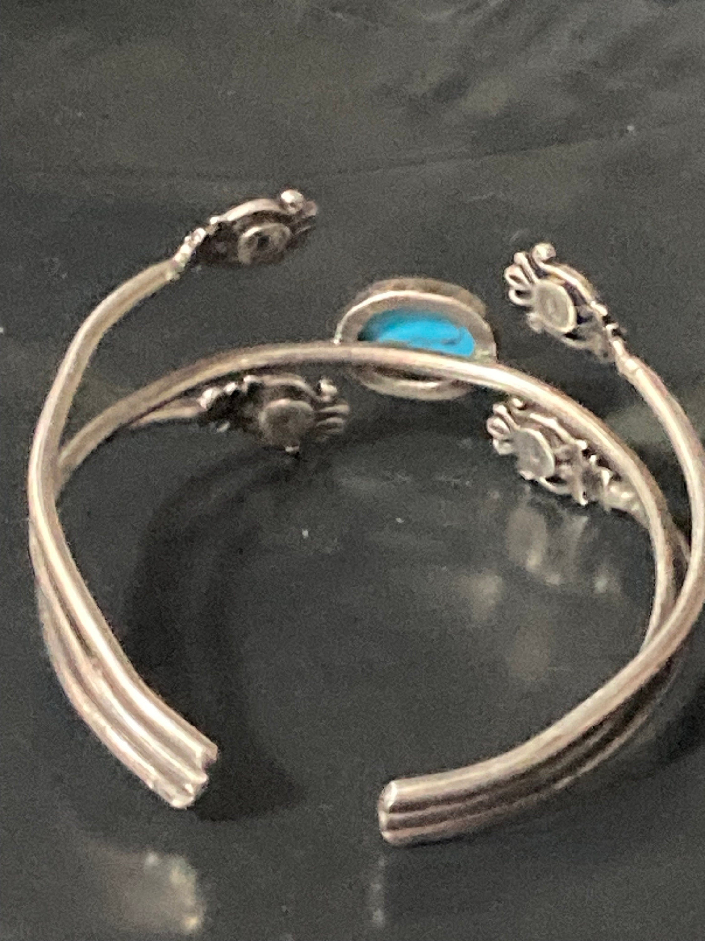 Vintage south western 925 Sterling silver gem set with turquoise gemstones wide 3 row bangle bracelet