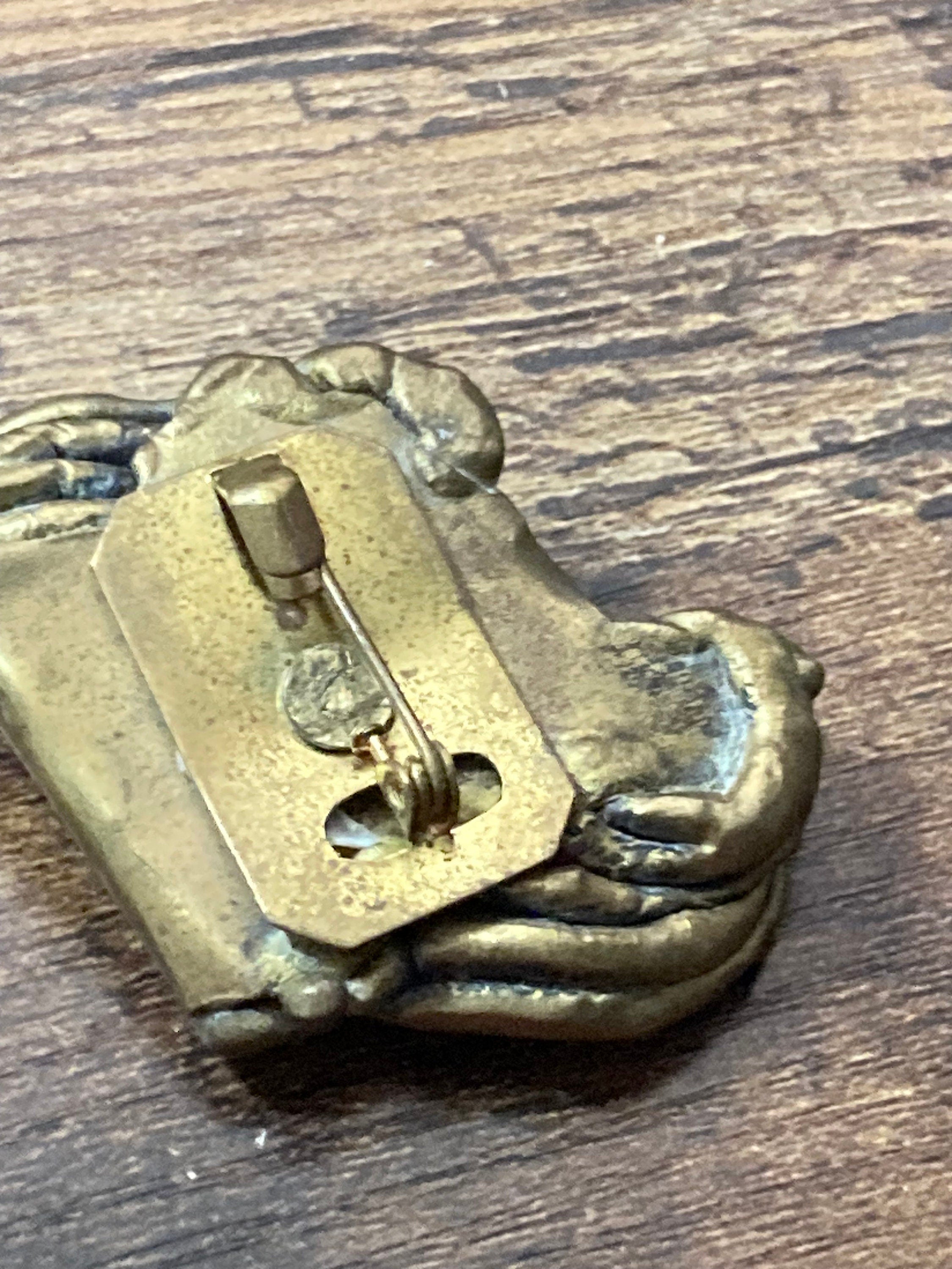 Vintage big Brass artisan handmade gemstone brooch