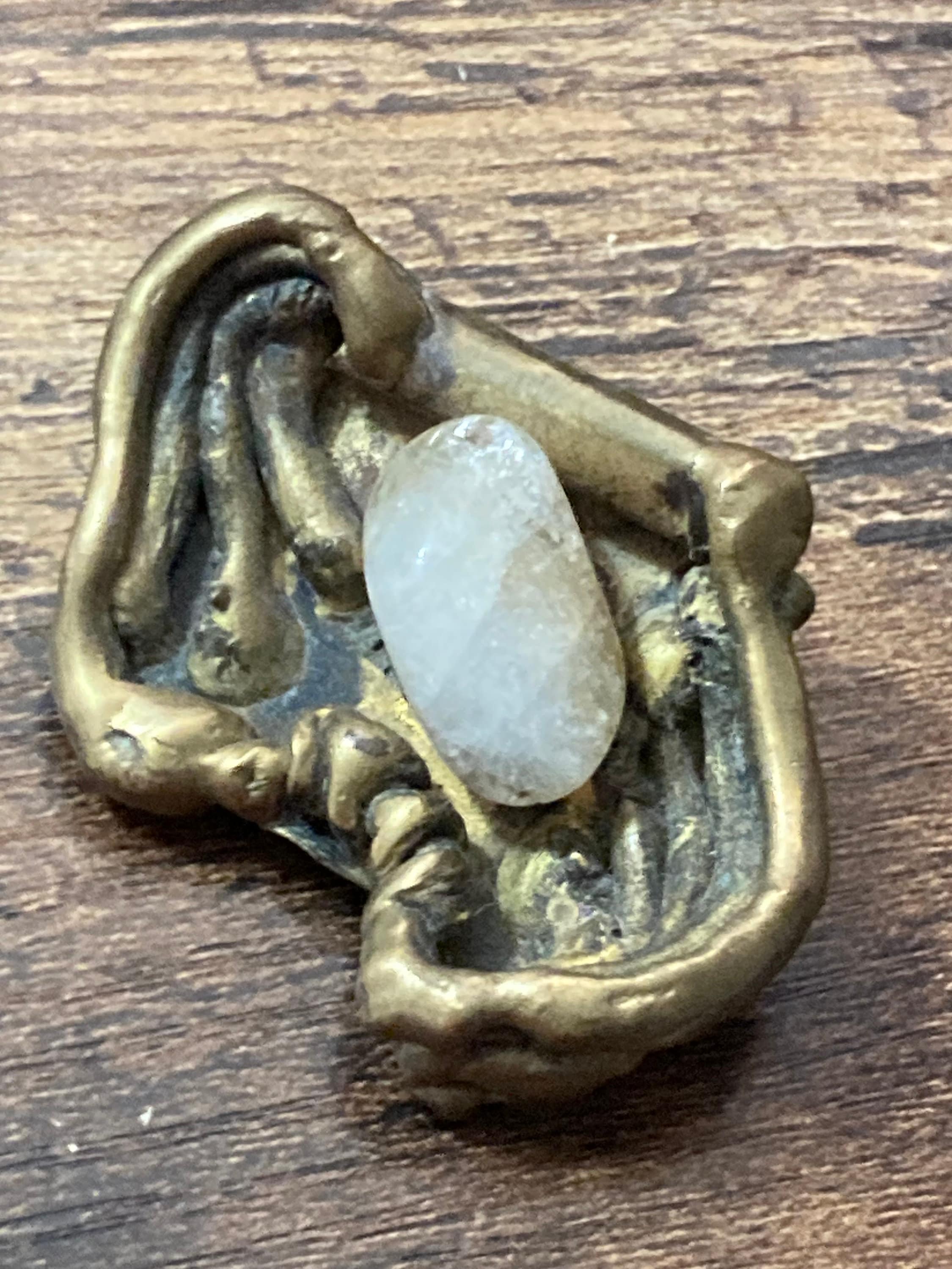 Vintage big Brass artisan handmade gemstone brooch