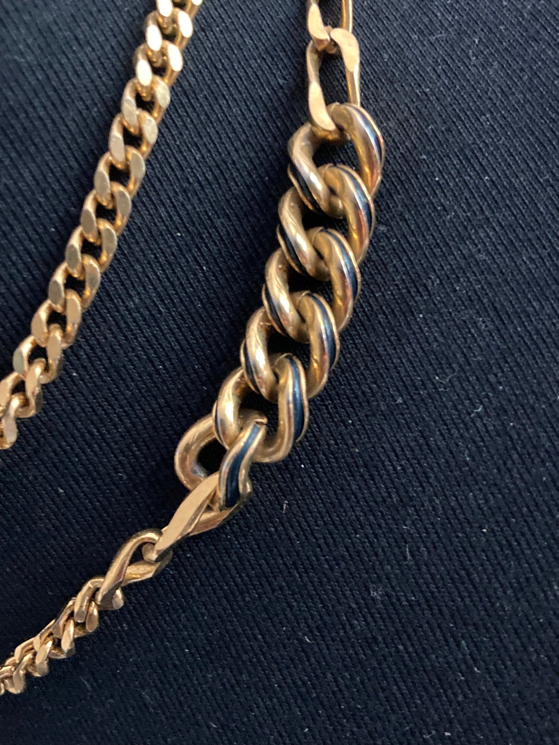 Vintage black enamel gold tone flat curb chain long station necklace high end