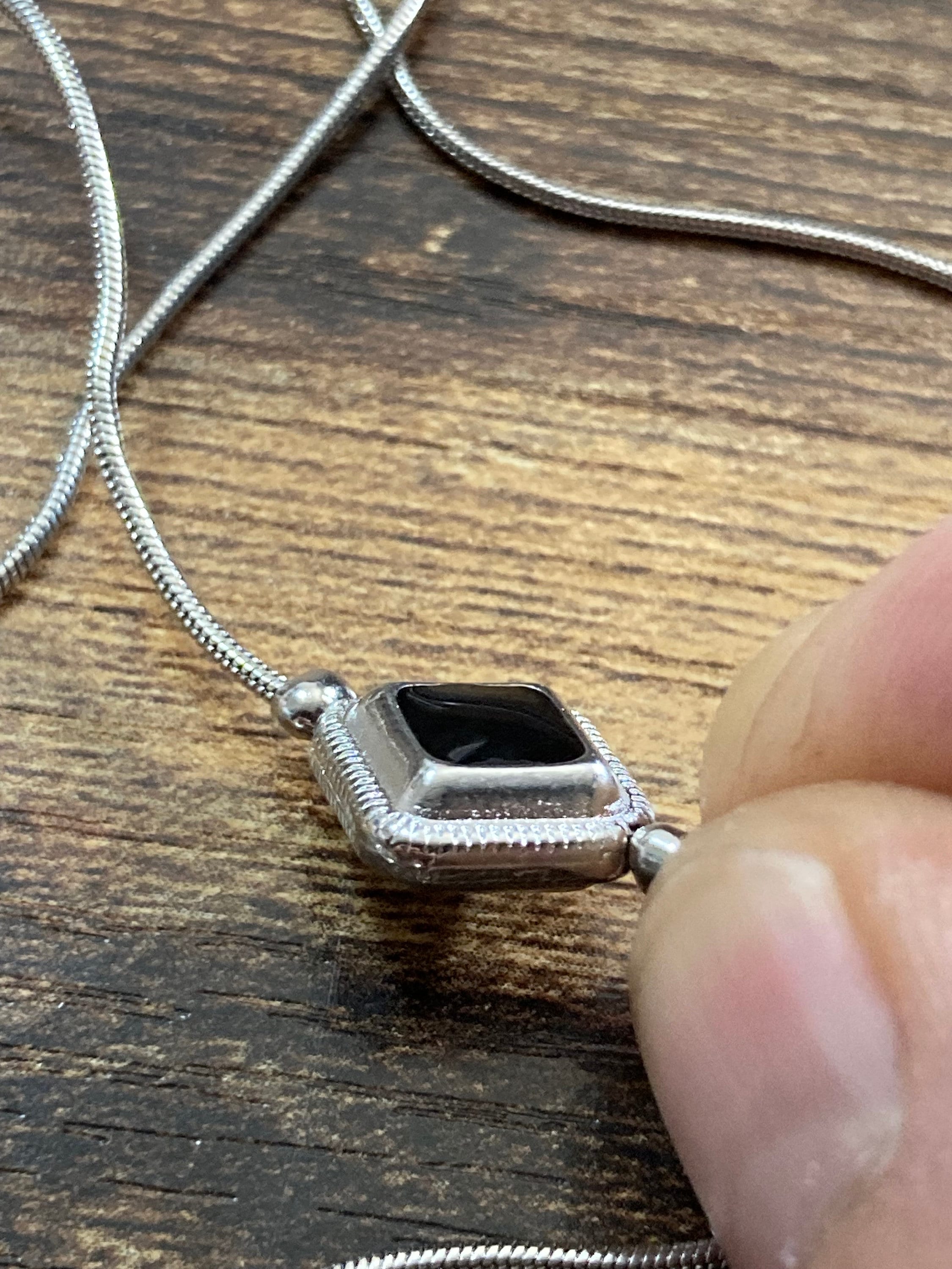 Retro silver tone black cabochon long station necklace snake chain