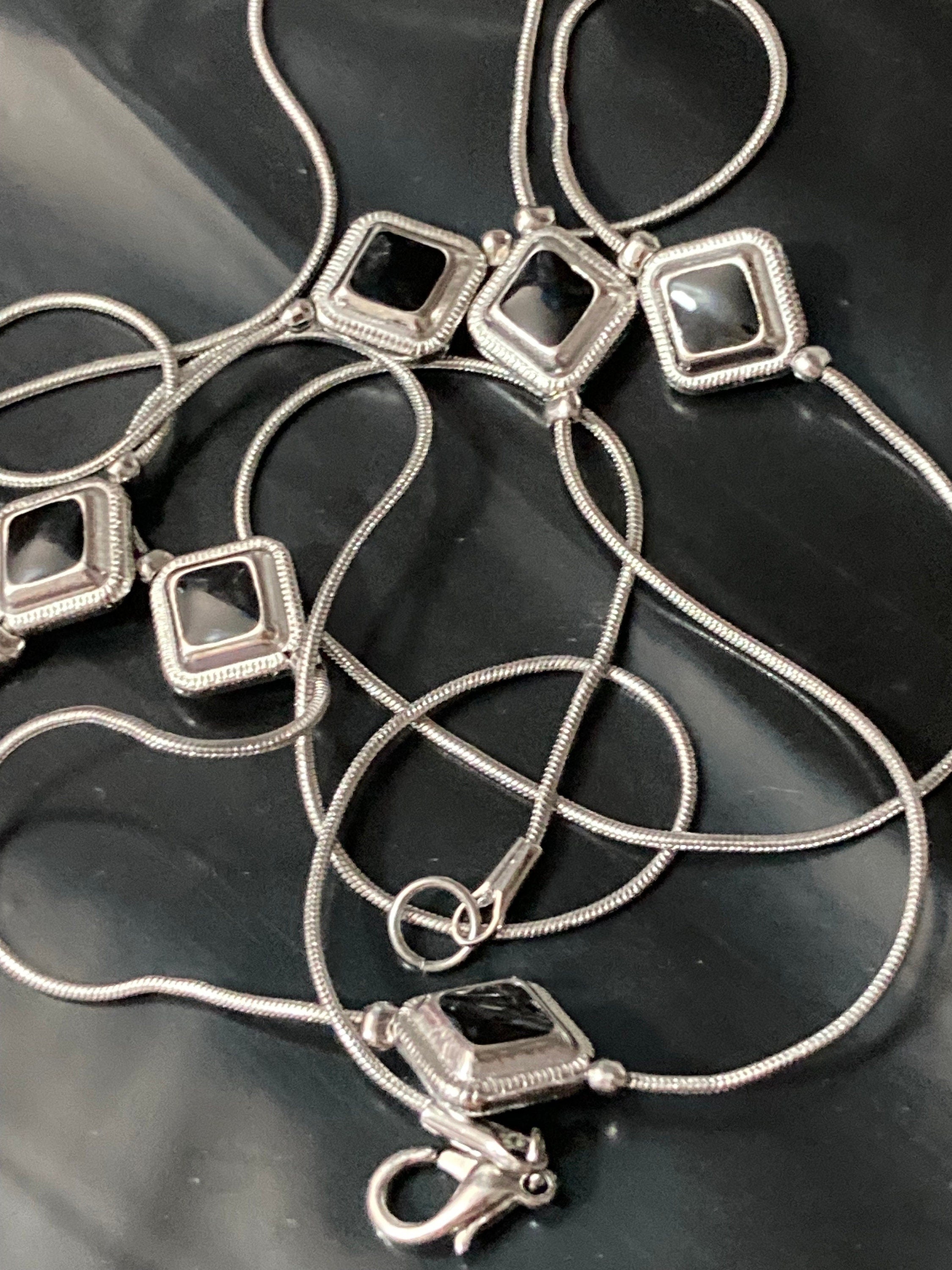Retro silver tone black cabochon long station necklace snake chain