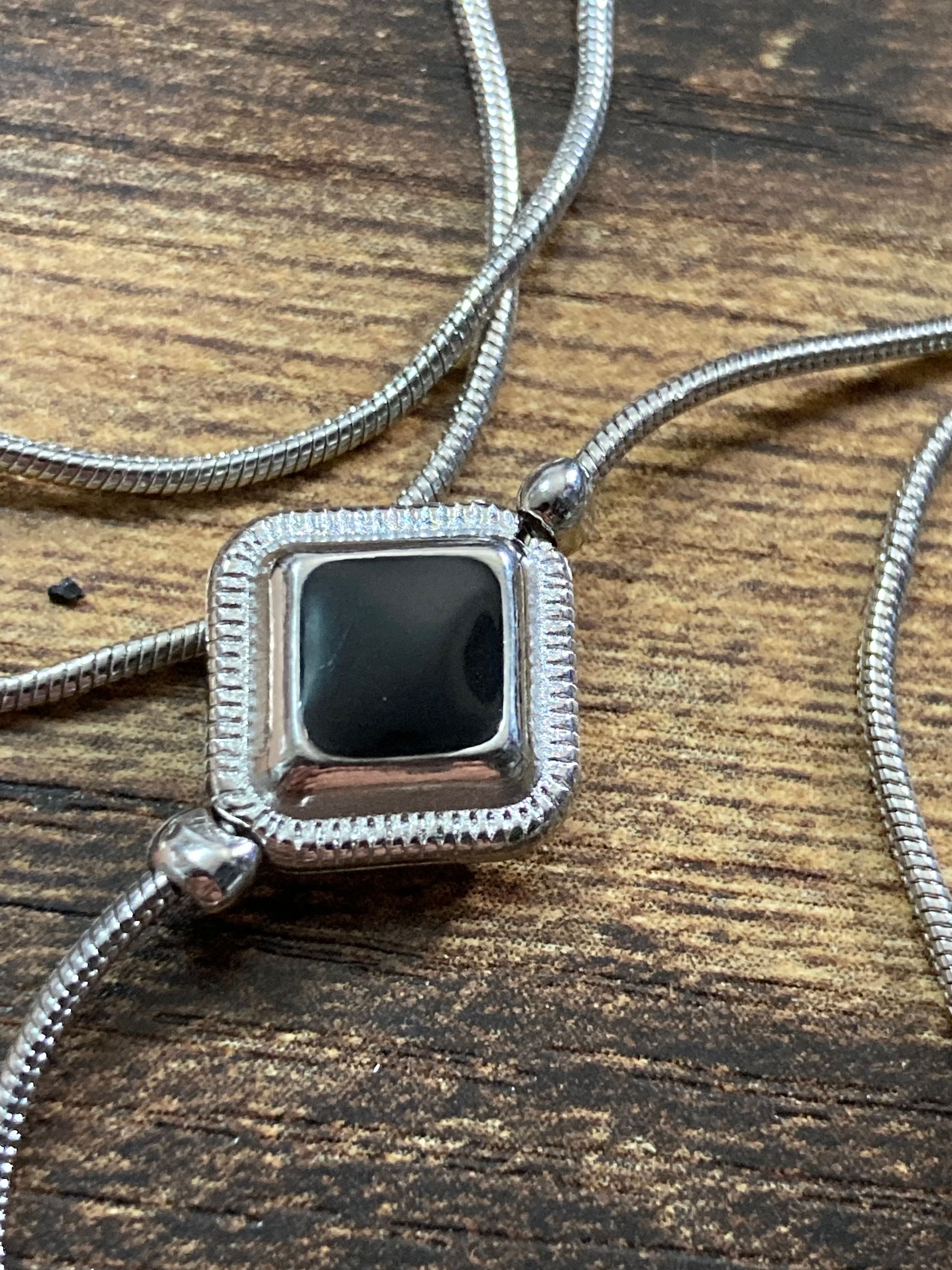 Retro silver tone black cabochon long station necklace snake chain