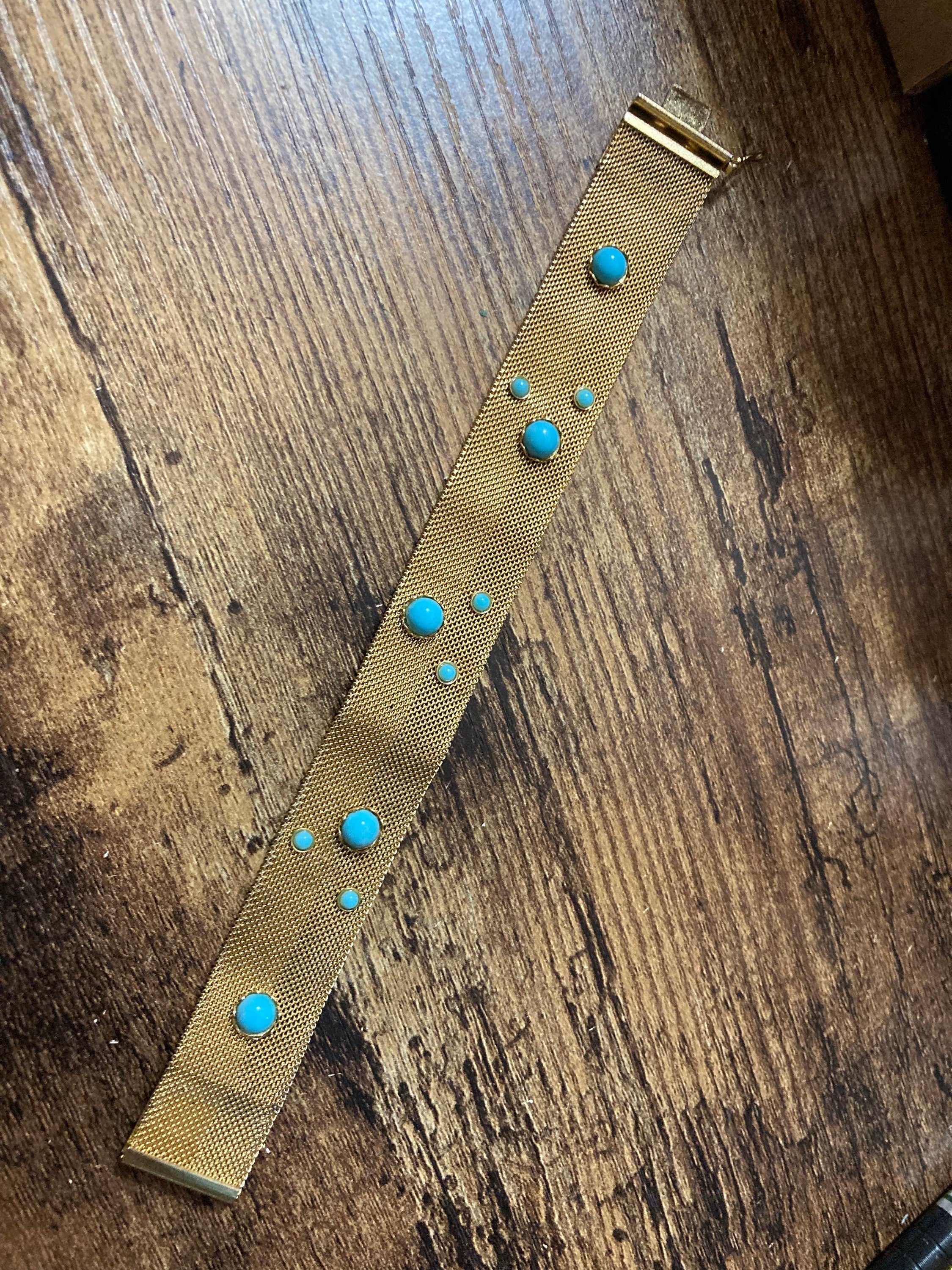 Vintage articulated flat link mesh gold tone bracelet with turquoise blue paste 17.5cm x 18mm