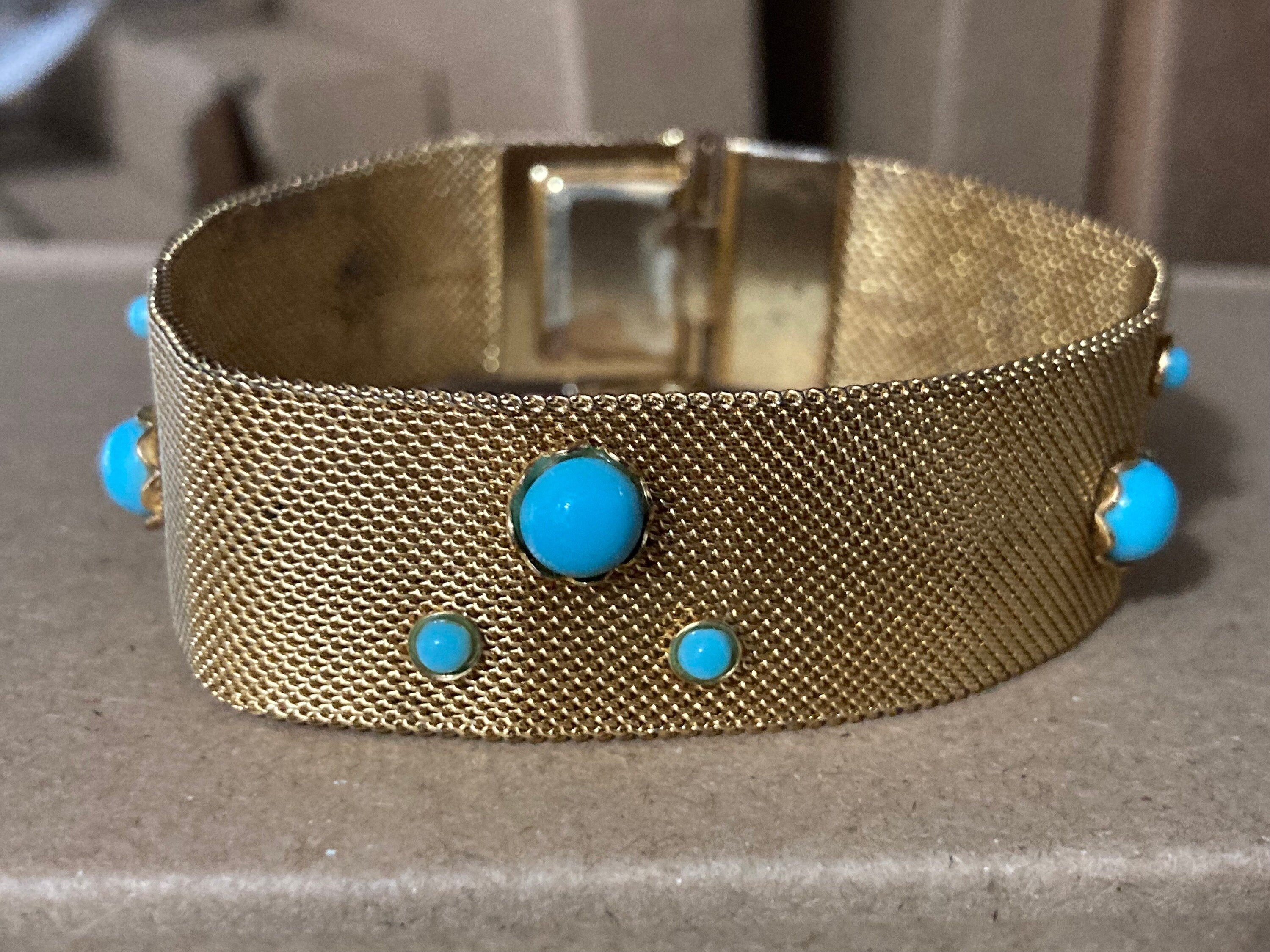 Vintage articulated flat link mesh gold tone bracelet with turquoise blue paste 17.5cm x 18mm