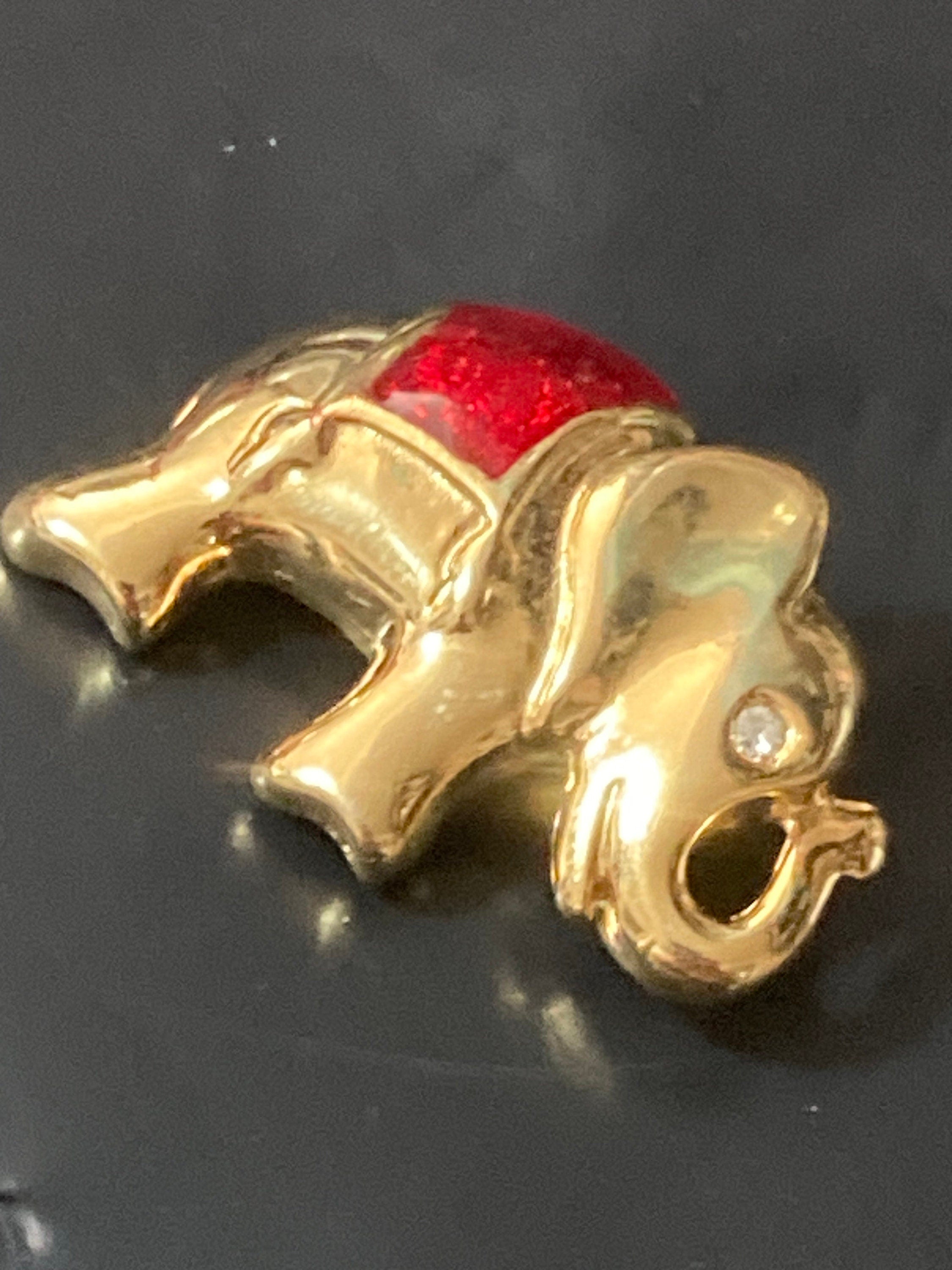 Red enamel Indian Elephant Brooch gold tone diamante rhinestone