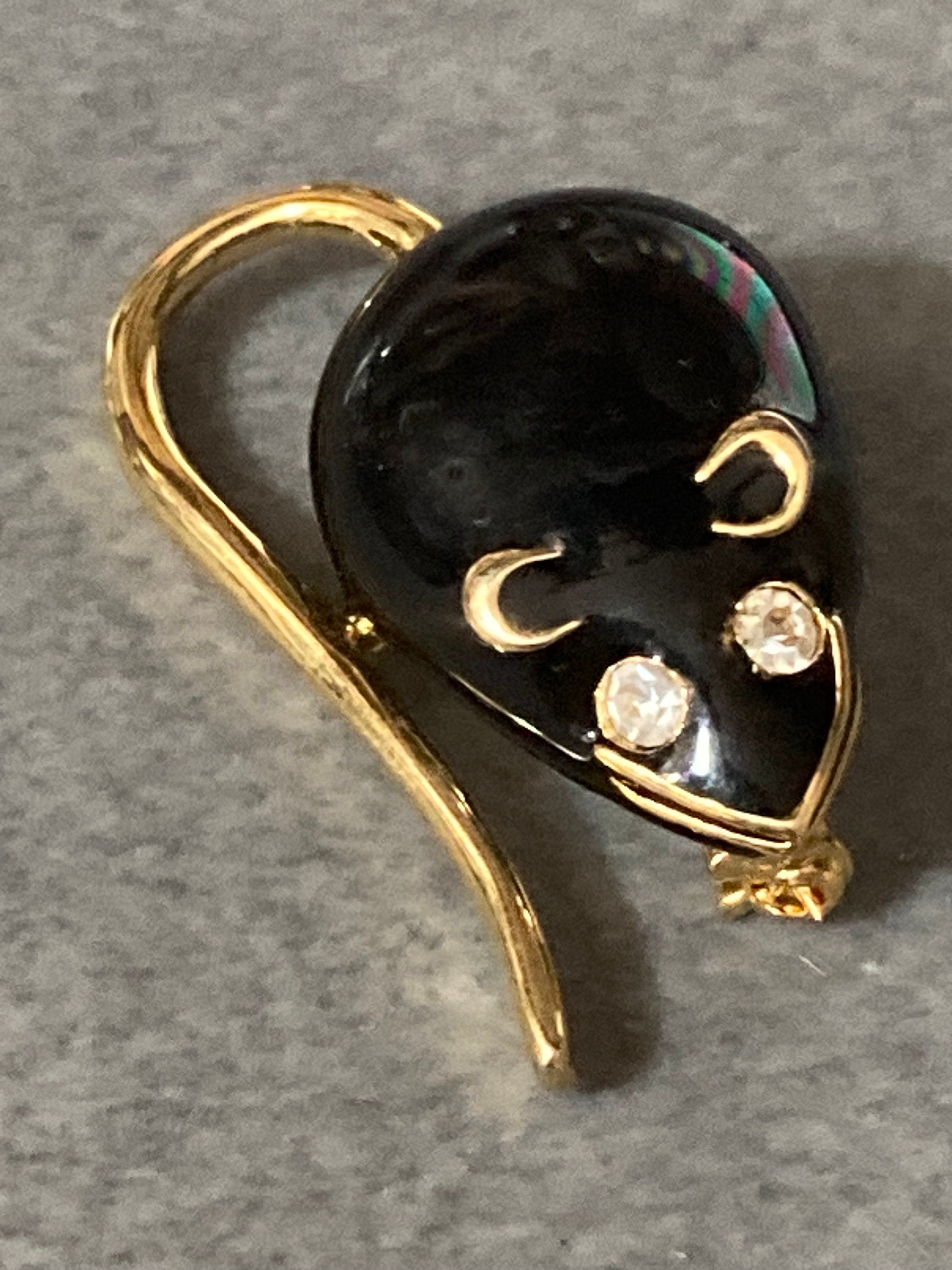 Retro black enamel and diamanté gold tone small mouse brooch
