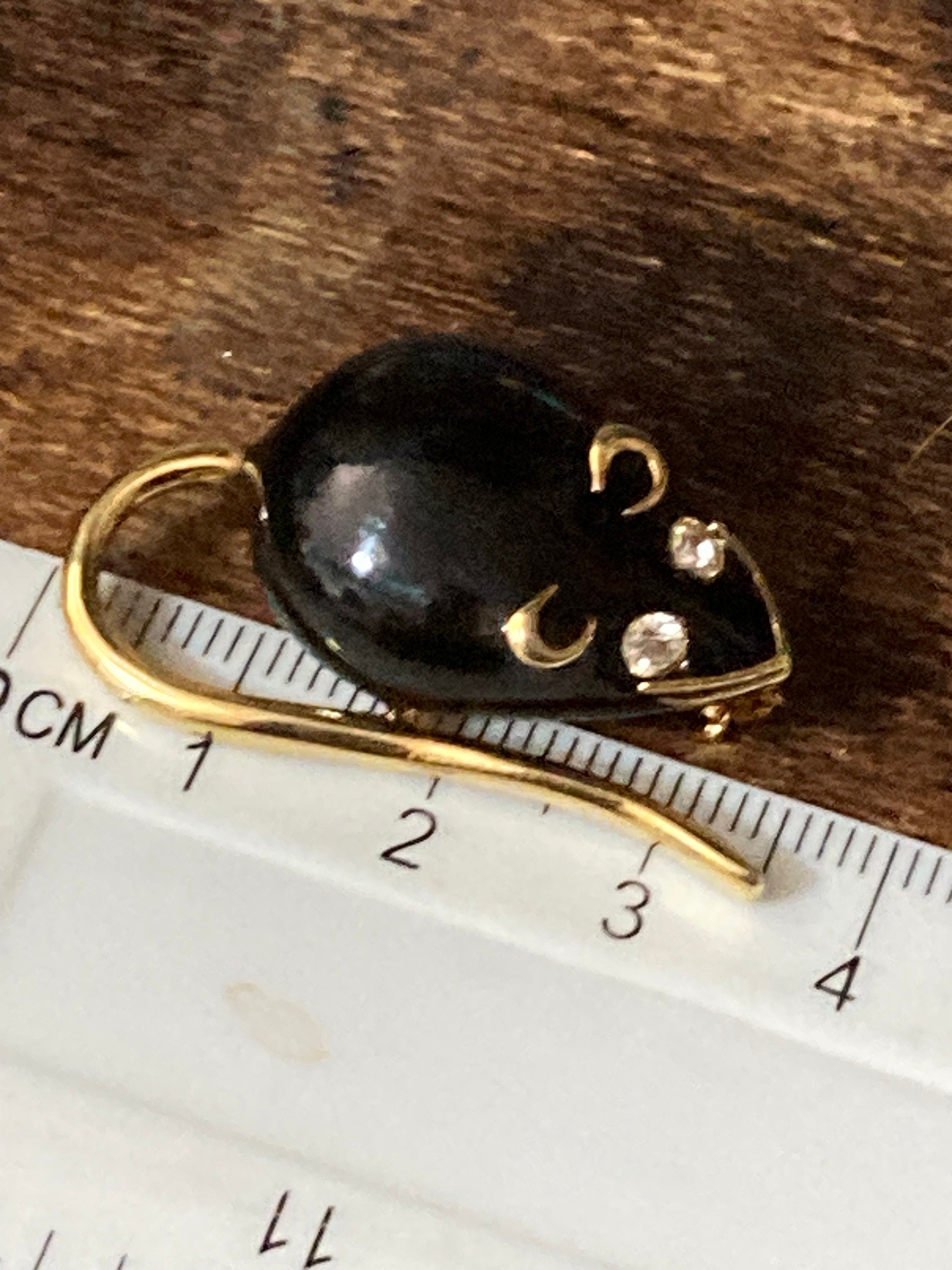 Retro black enamel and diamanté gold tone small mouse brooch