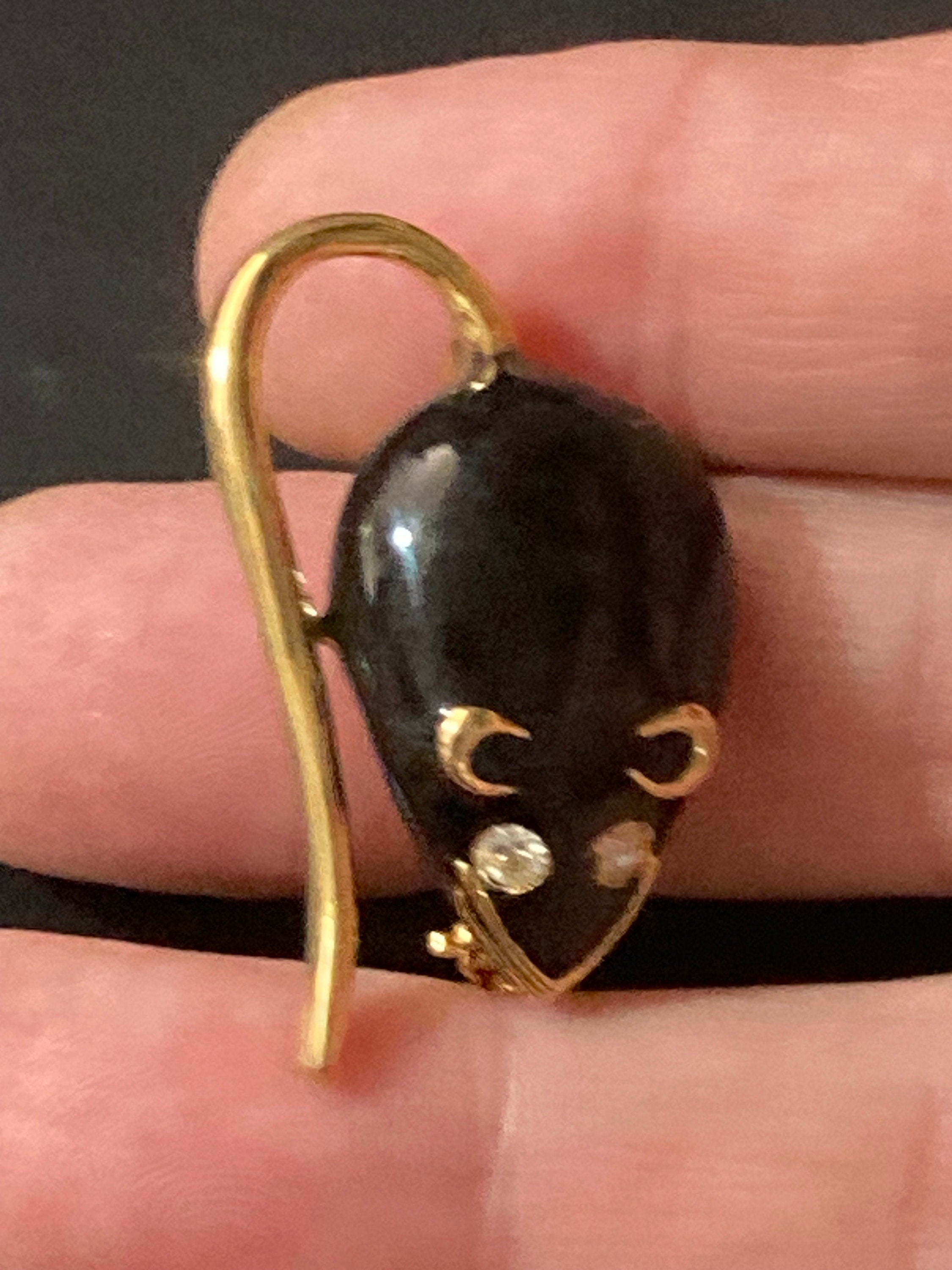Retro black enamel and diamanté gold tone small mouse brooch