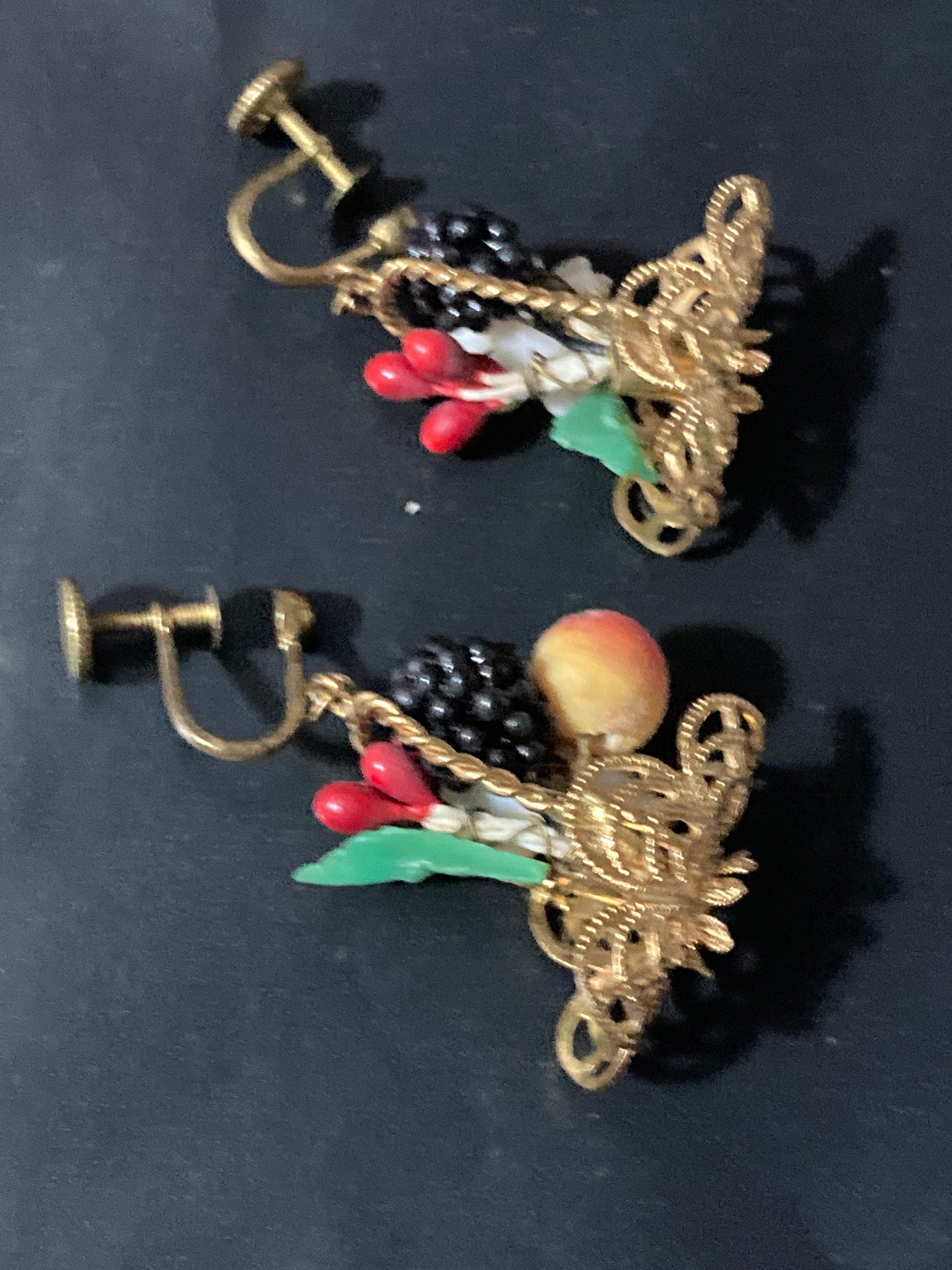 Antique vintage brass FRUIT Basket clip on drop earrings 1930s Art Deco