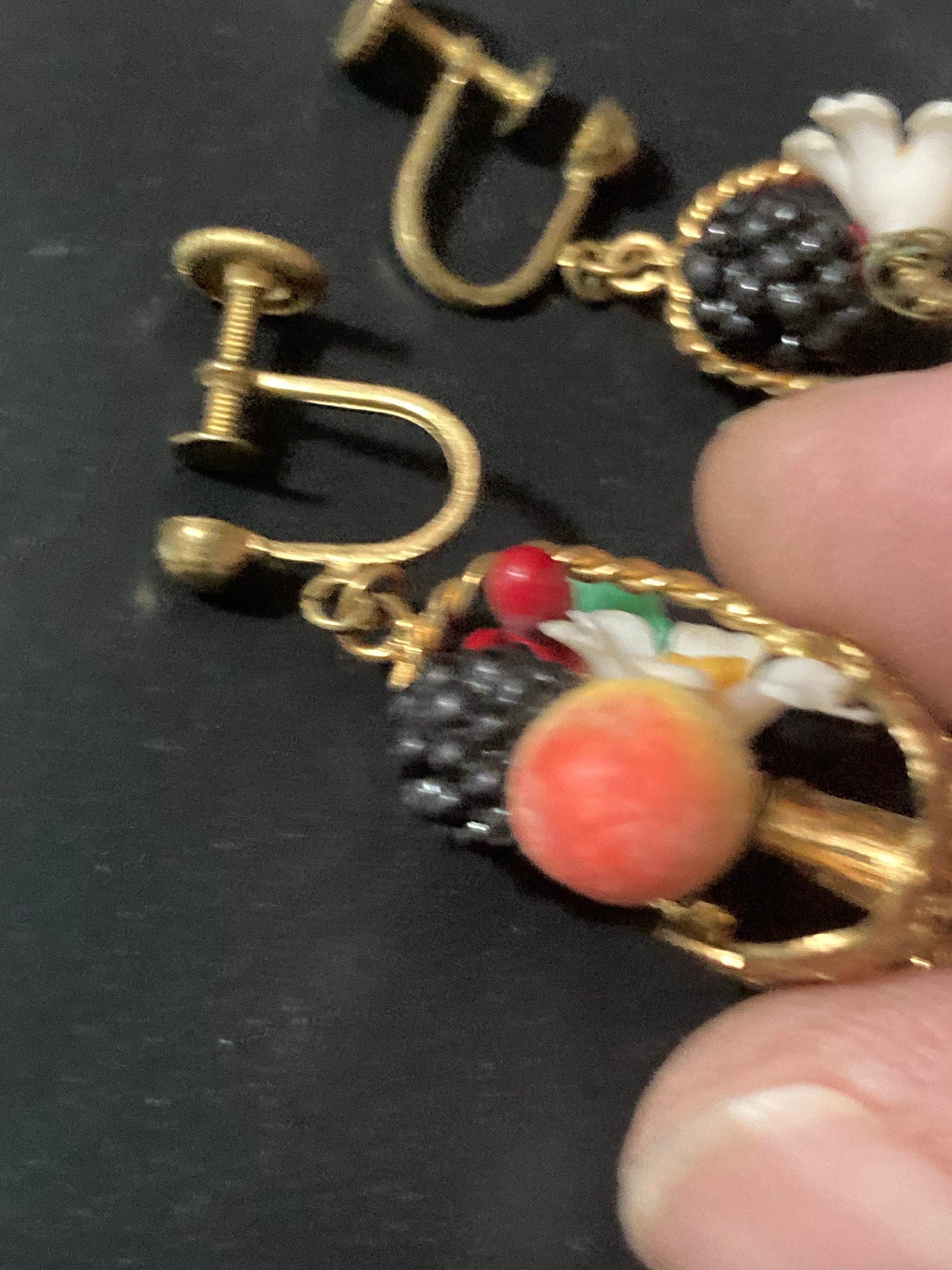Antique vintage brass FRUIT Basket clip on drop earrings 1930s Art Deco