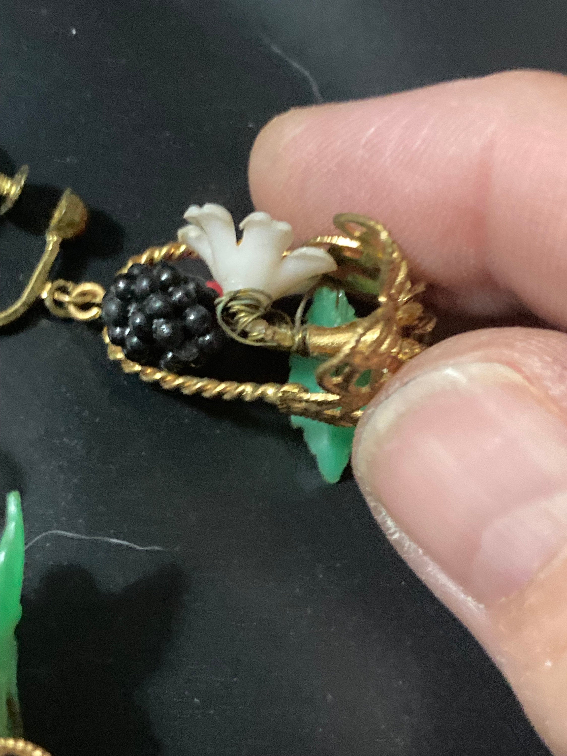 Antique vintage brass FRUIT Basket clip on drop earrings 1930s Art Deco