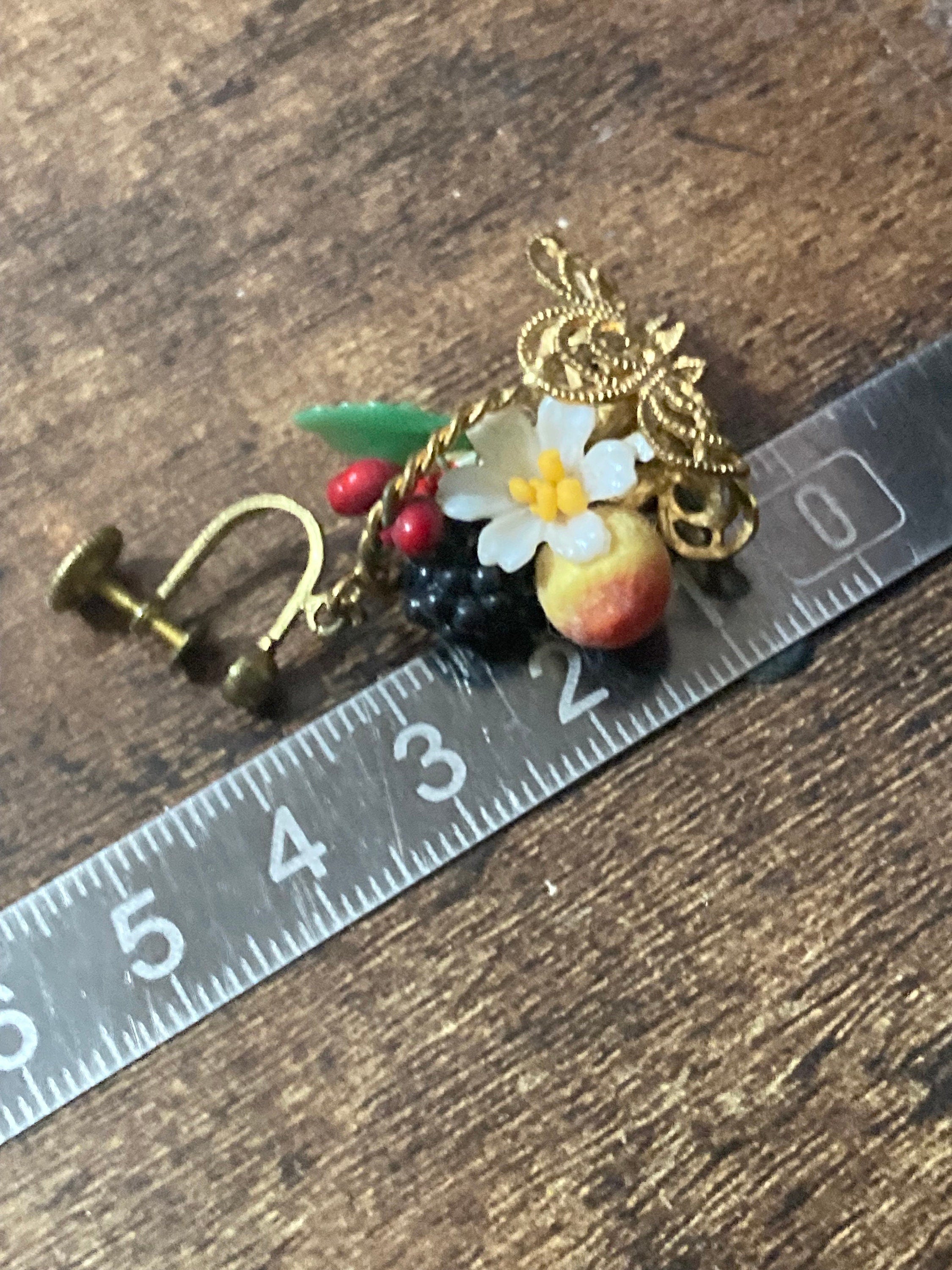 Antique vintage brass FRUIT Basket clip on drop earrings 1930s Art Deco