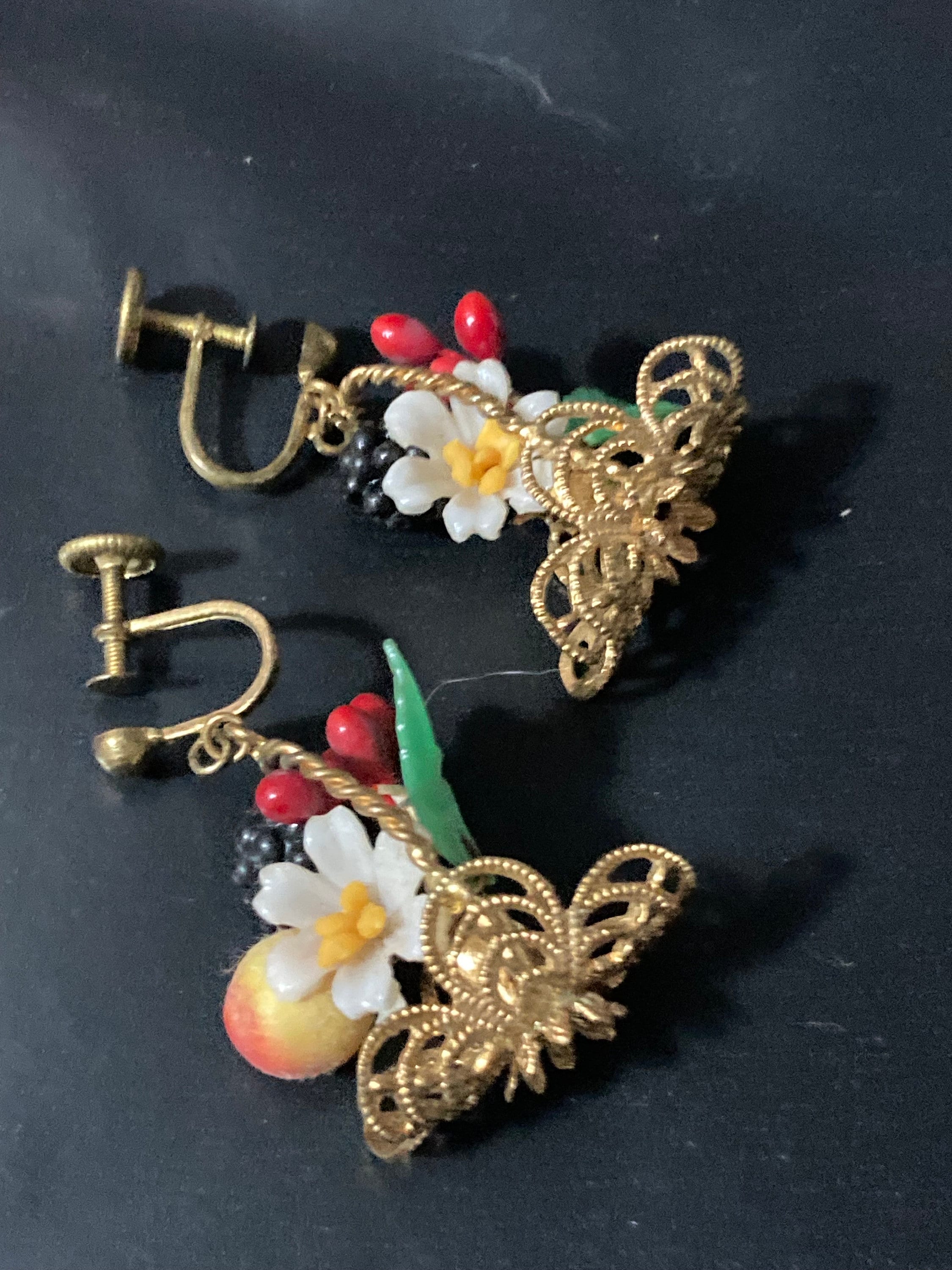 Antique vintage brass FRUIT Basket clip on drop earrings 1930s Art Deco