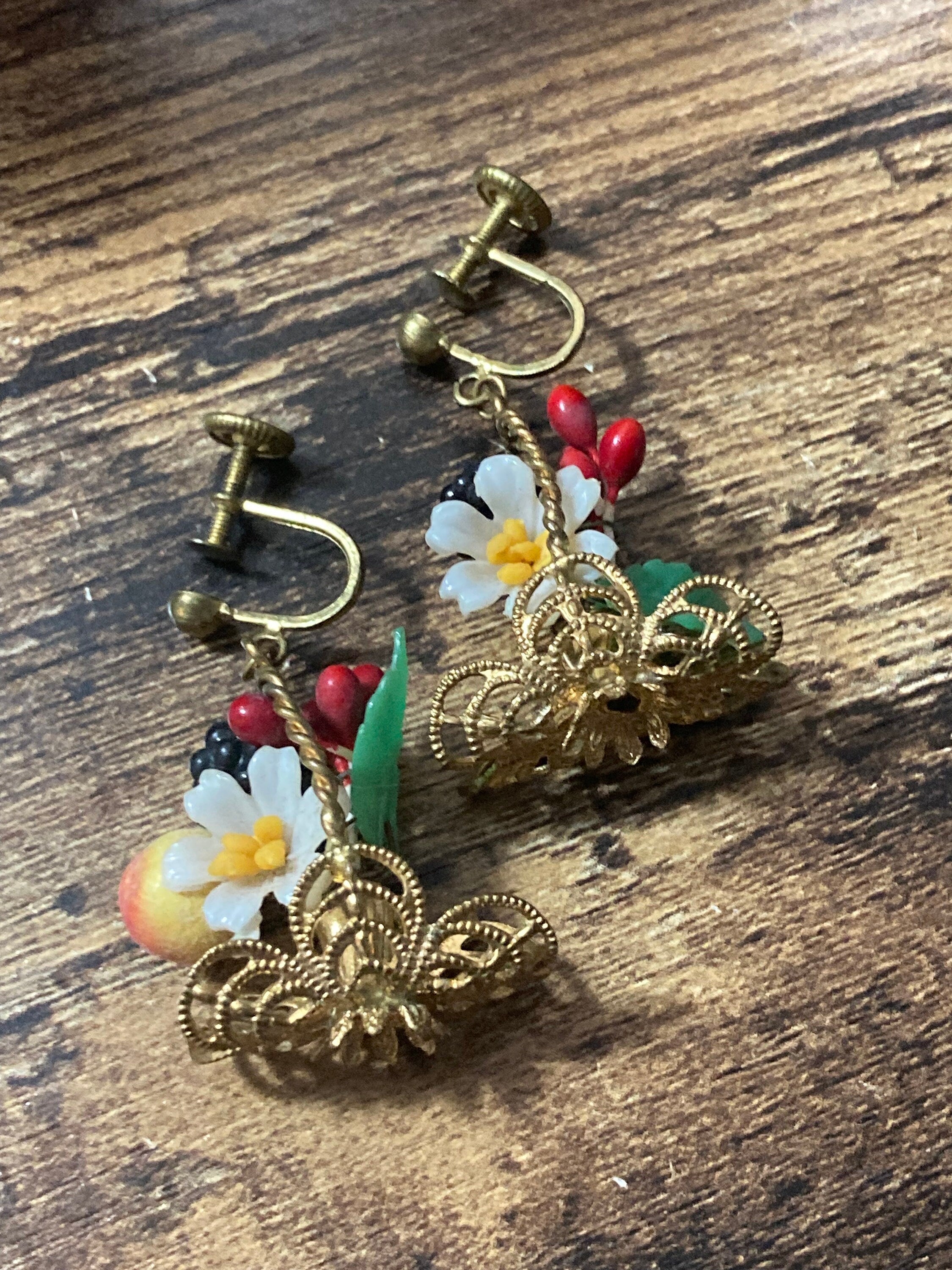 Antique vintage brass FRUIT Basket clip on drop earrings 1930s Art Deco