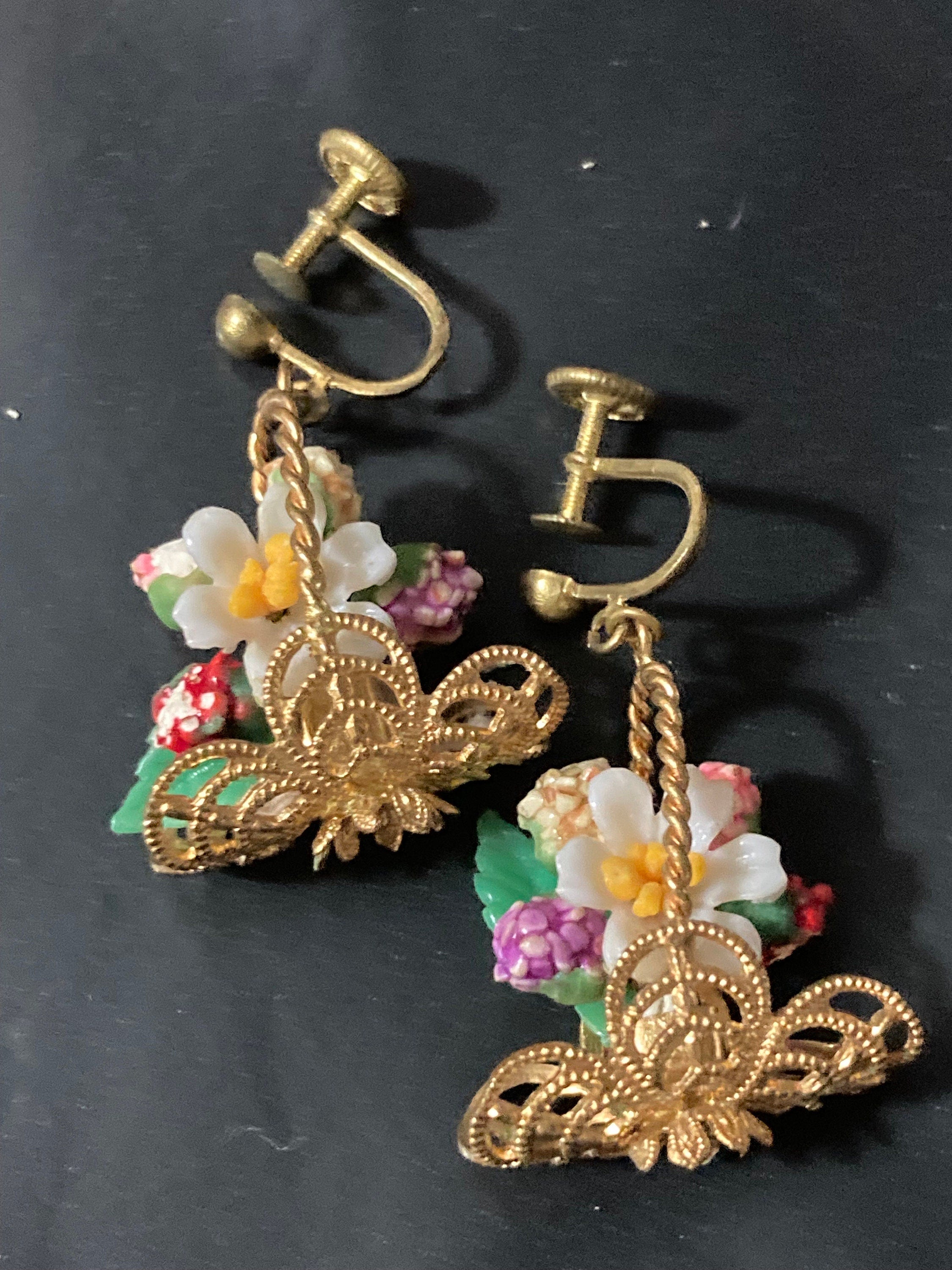 Antique vintage brass flower Basket clip on drop earrings 1930s Art Deco