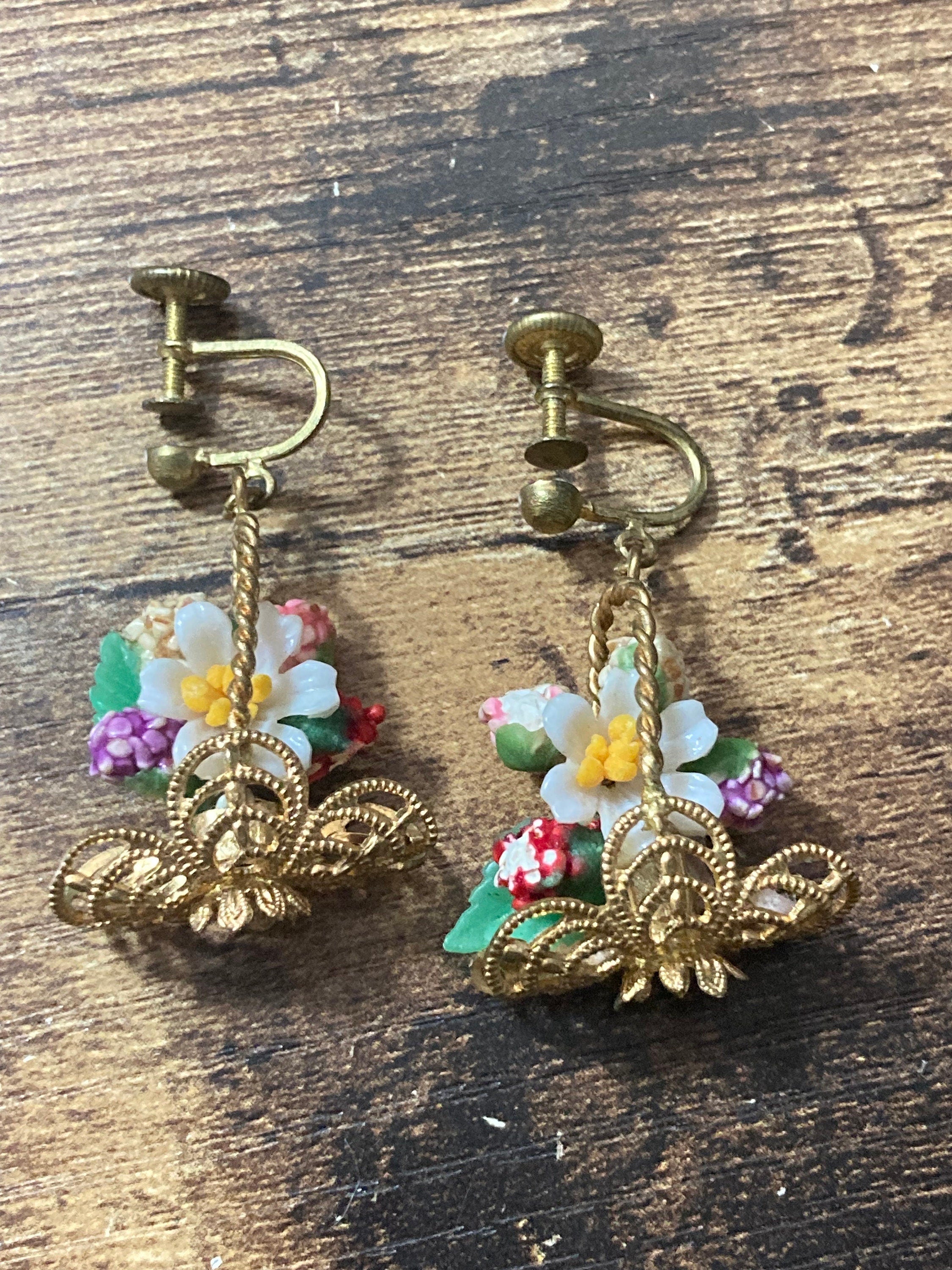 Antique vintage brass flower Basket clip on drop earrings 1930s Art Deco
