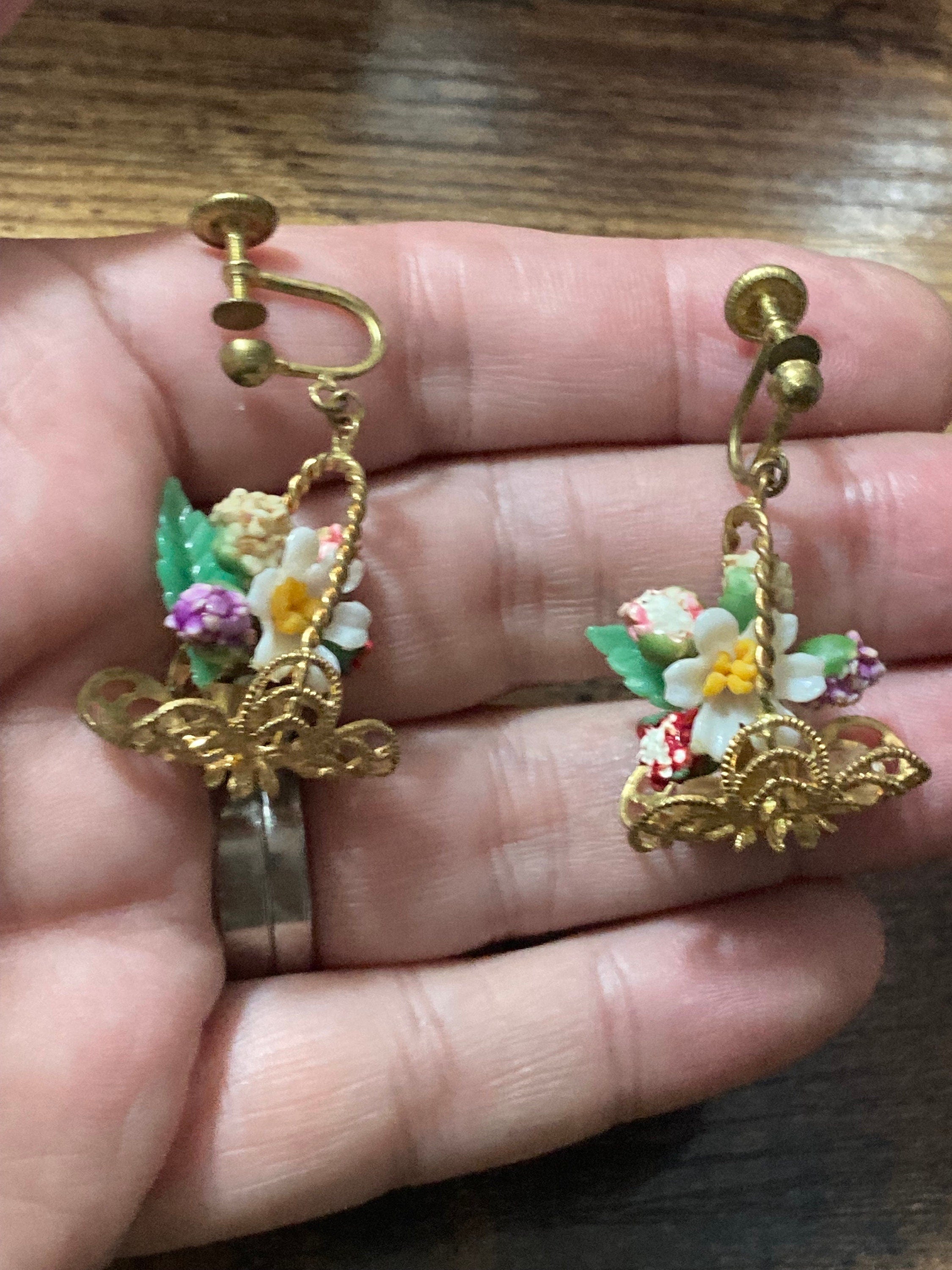 Antique vintage brass flower Basket clip on drop earrings 1930s Art Deco