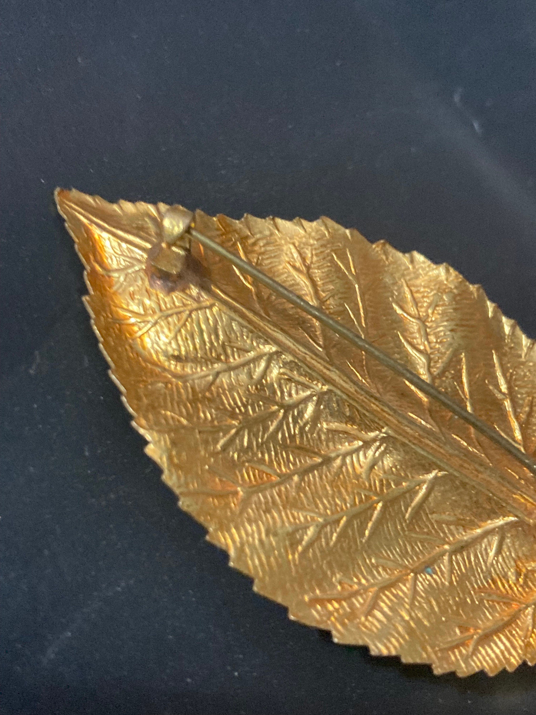 Antique Art Deco Czech large brass metal leaf brooch with faux pearls c clasp
