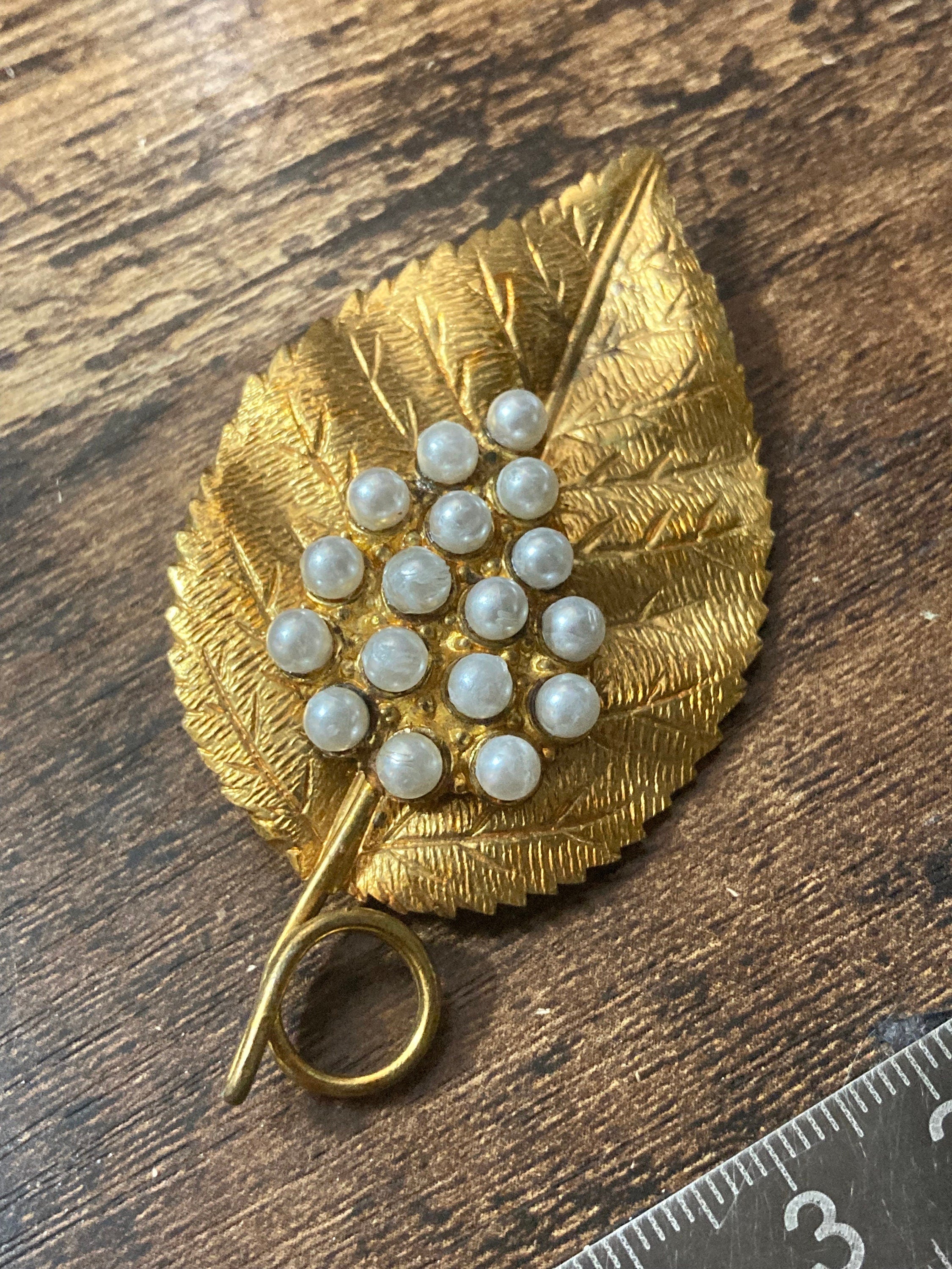 Antique Art Deco Czech large brass metal leaf brooch with faux pearls c clasp