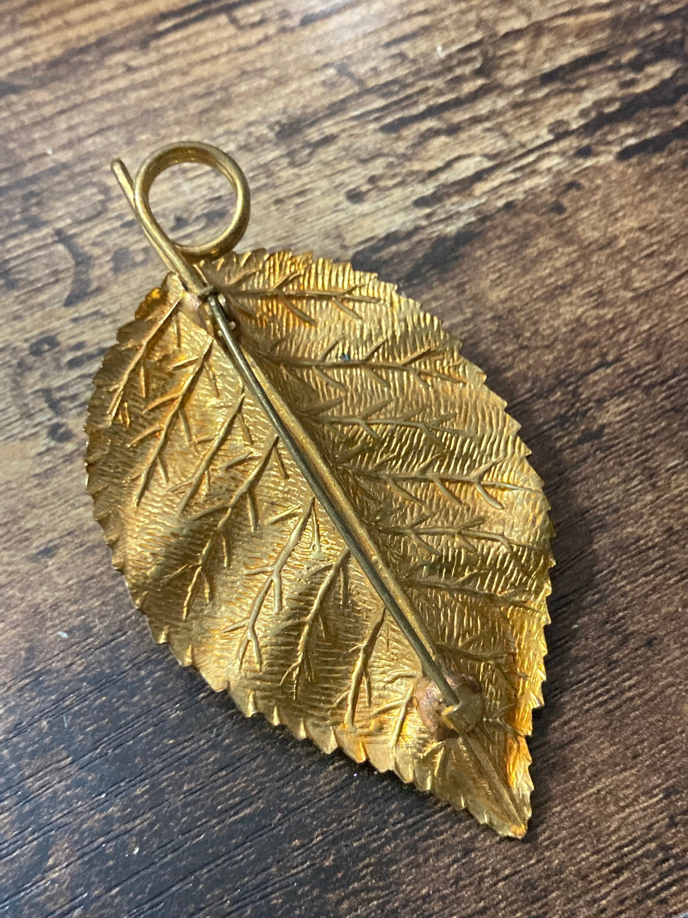 Antique Art Deco Czech large brass metal leaf brooch with faux pearls c clasp