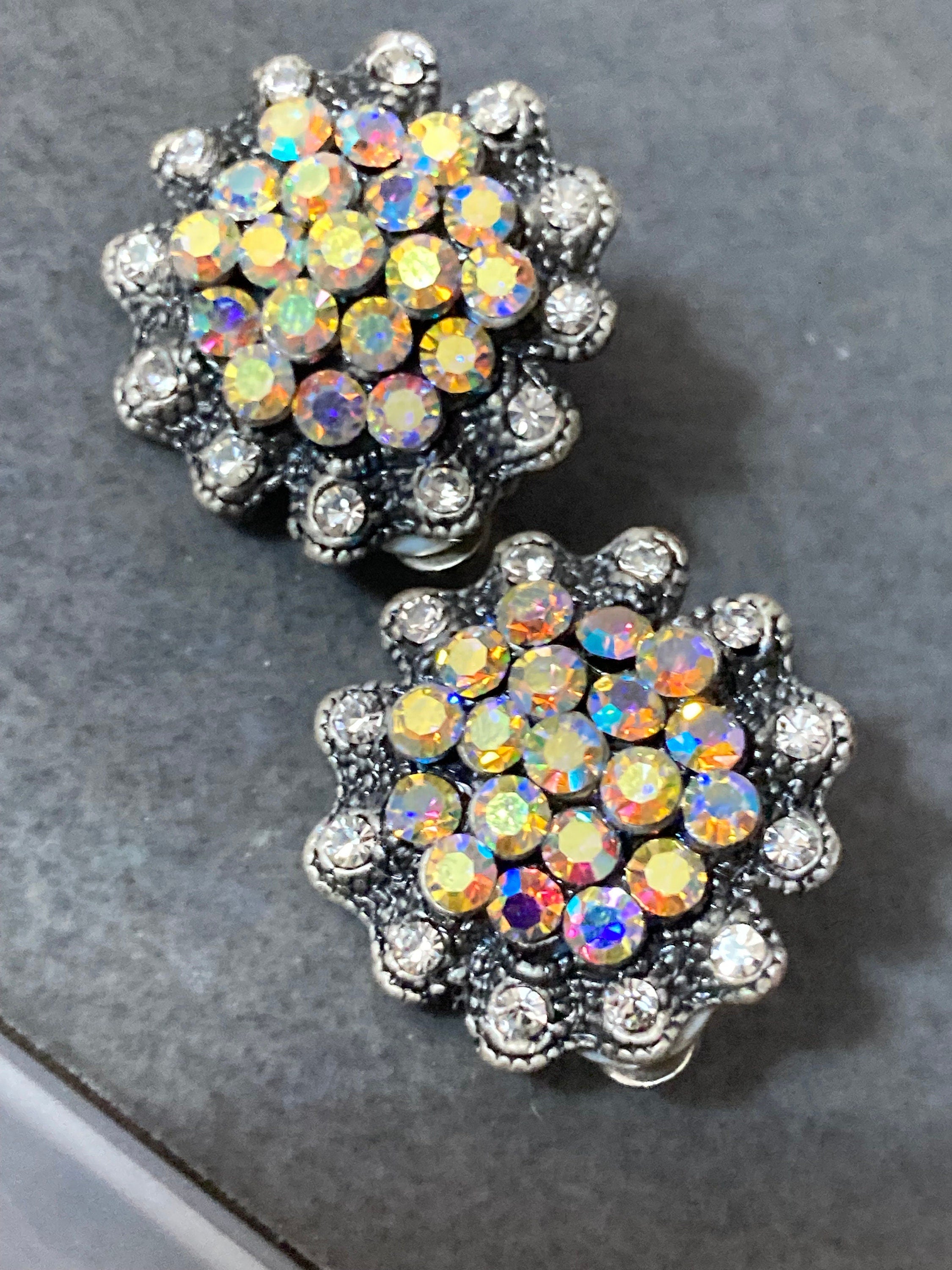 Retro rainbow AB Aurora borealis diamanté Silver Tone Clip On Earrings